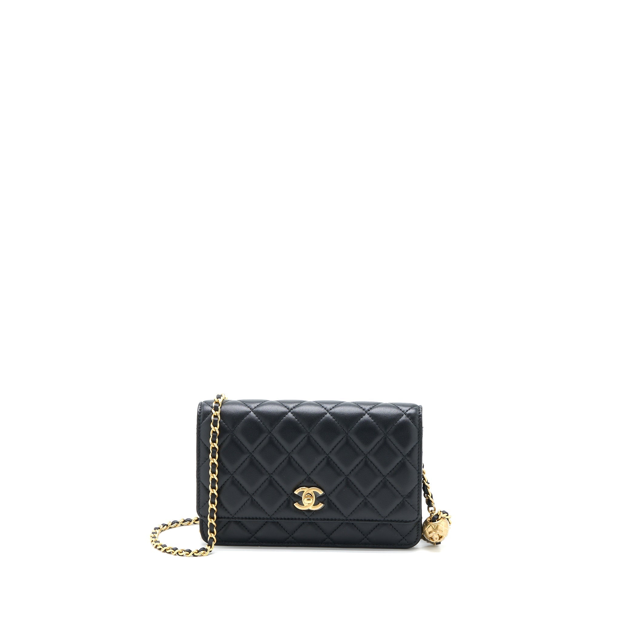 CHANEL PEARL CRUSH WALLET ON CHAIN LAMBSKIN BLACK BRUSHED GHW (MICROCHIP)