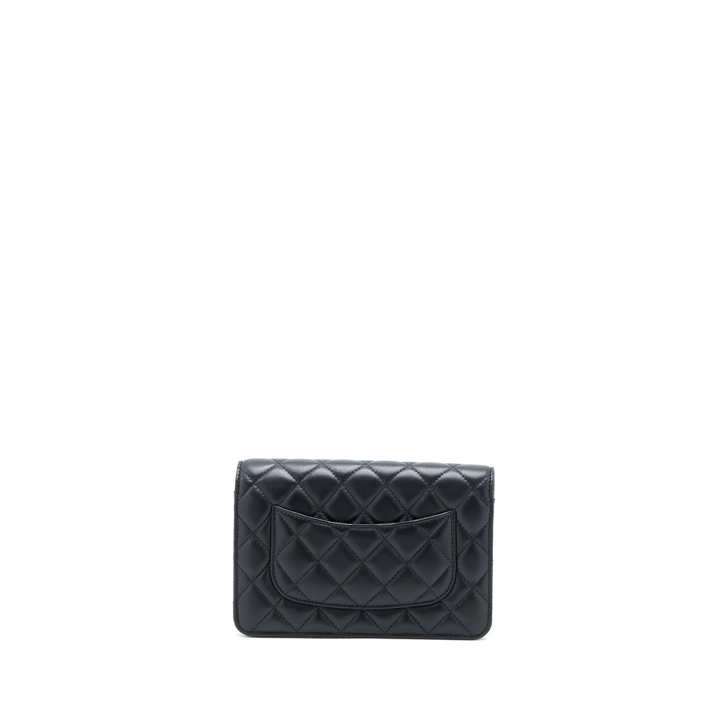 CHANEL PEARL CRUSH WALLET ON CHAIN LAMBSKIN BLACK BRUSHED GHW (MICROCHIP)
