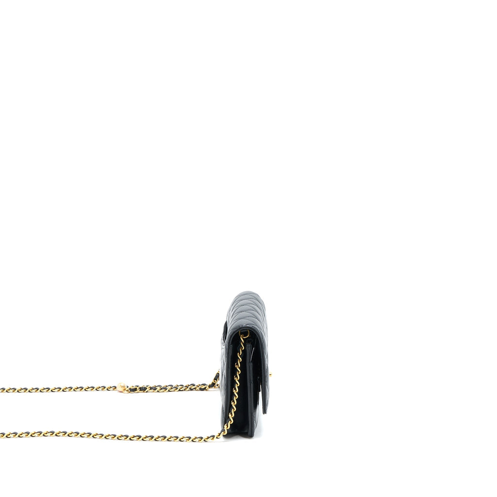 CHANEL PEARL CRUSH WALLET ON CHAIN LAMBSKIN BLACK BRUSHED GHW (MICROCHIP)