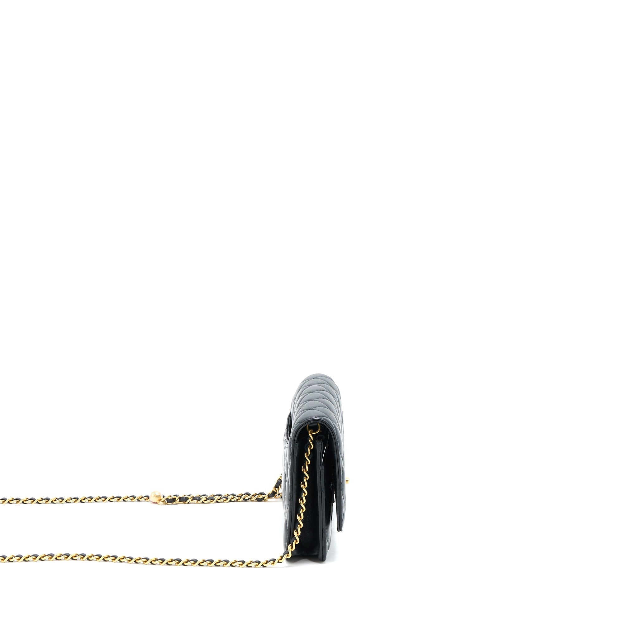 CHANEL PEARL CRUSH WALLET ON CHAIN LAMBSKIN BLACK BRUSHED GHW (MICROCHIP)