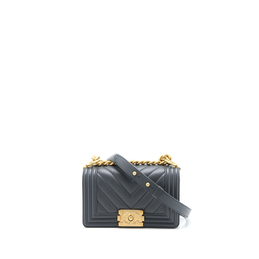 CHANEL SMALL BOY BAG CHEVRON CAVIAR DARK GREY BRUSHED GHW (MICROCHIP)