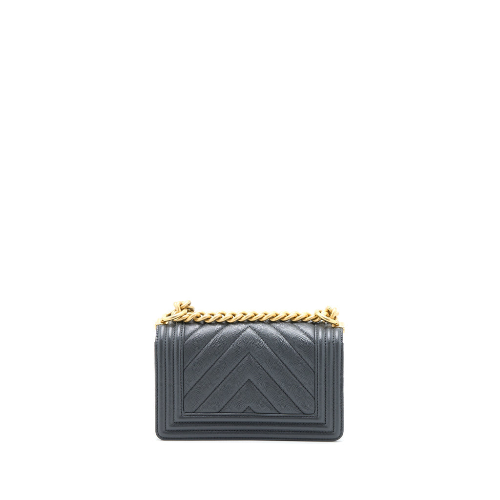 CHANEL SMALL BOY BAG CHEVRON CAVIAR DARK GREY BRUSHED GHW (MICROCHIP)