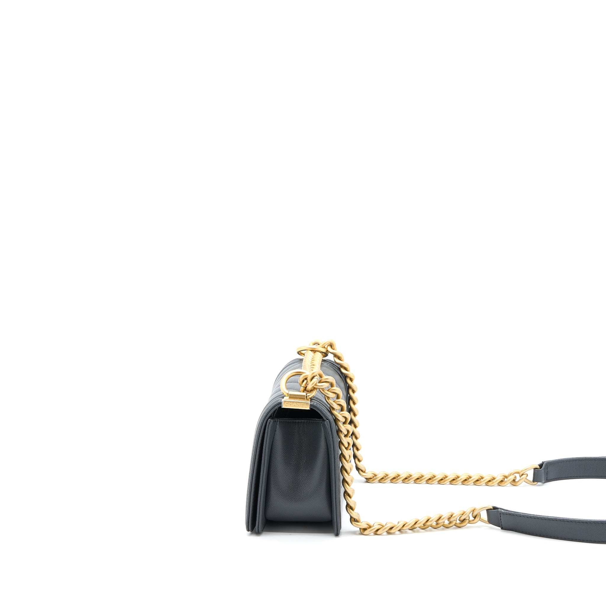 CHANEL SMALL BOY BAG CHEVRON CAVIAR DARK GREY BRUSHED GHW (MICROCHIP)