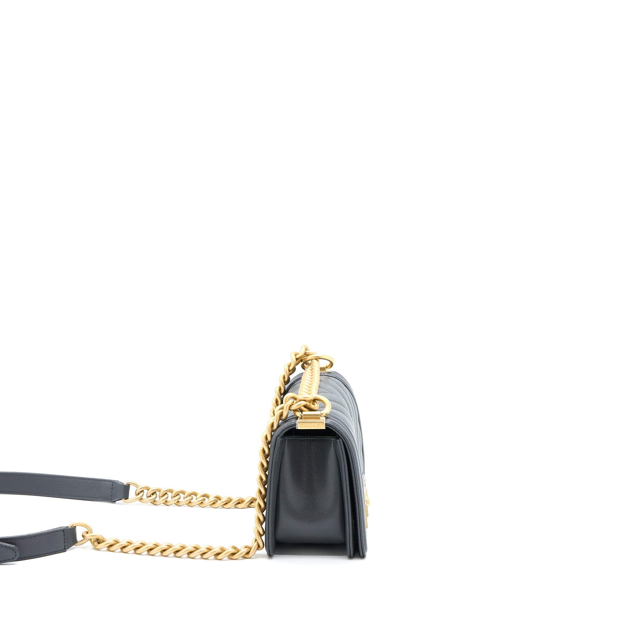 CHANEL SMALL BOY BAG CHEVRON CAVIAR DARK GREY BRUSHED GHW (MICROCHIP)