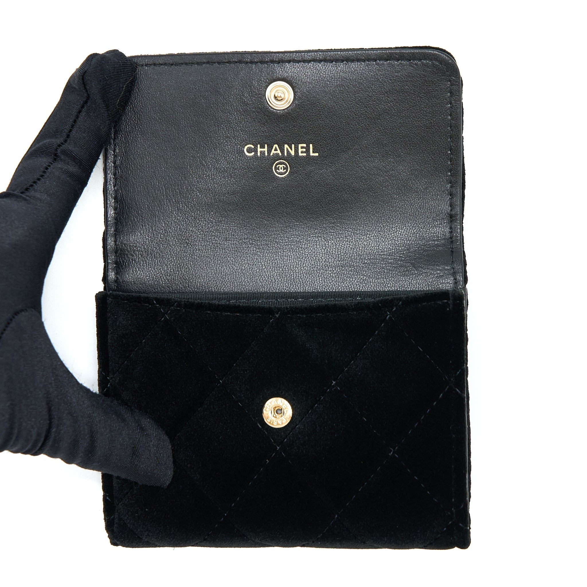 CHANEL SMALL FLAP WALLET VELVET BLACK LGHW