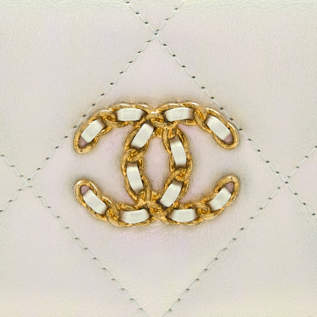 CHANEL 19 PHONE POUCH WITH CHAIN IRIDESCENT WHITE GHW