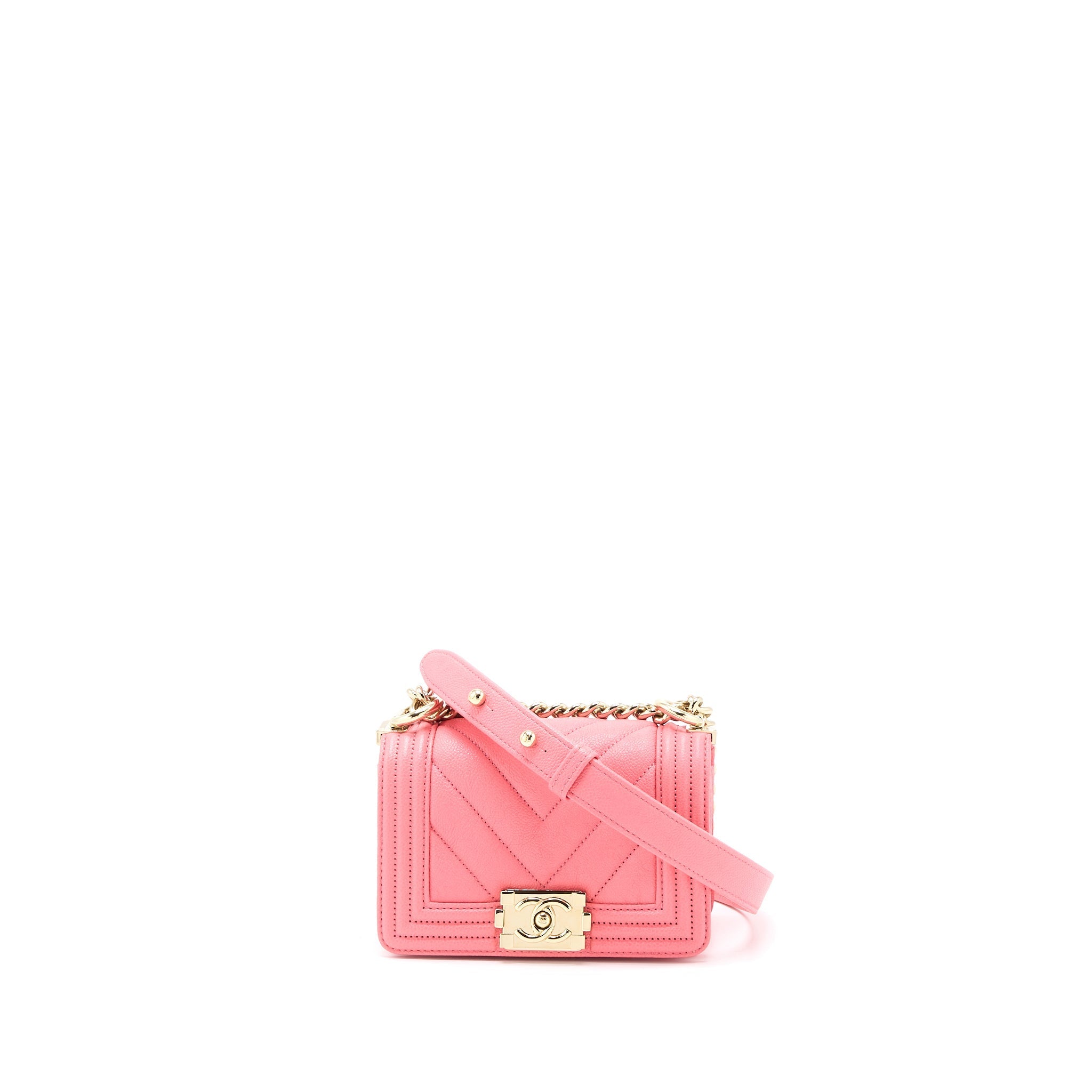 CHANEL SUPER MINI BOY BAG CHEVRON CAVIAR PINK LGHW (MICROCHIP)
