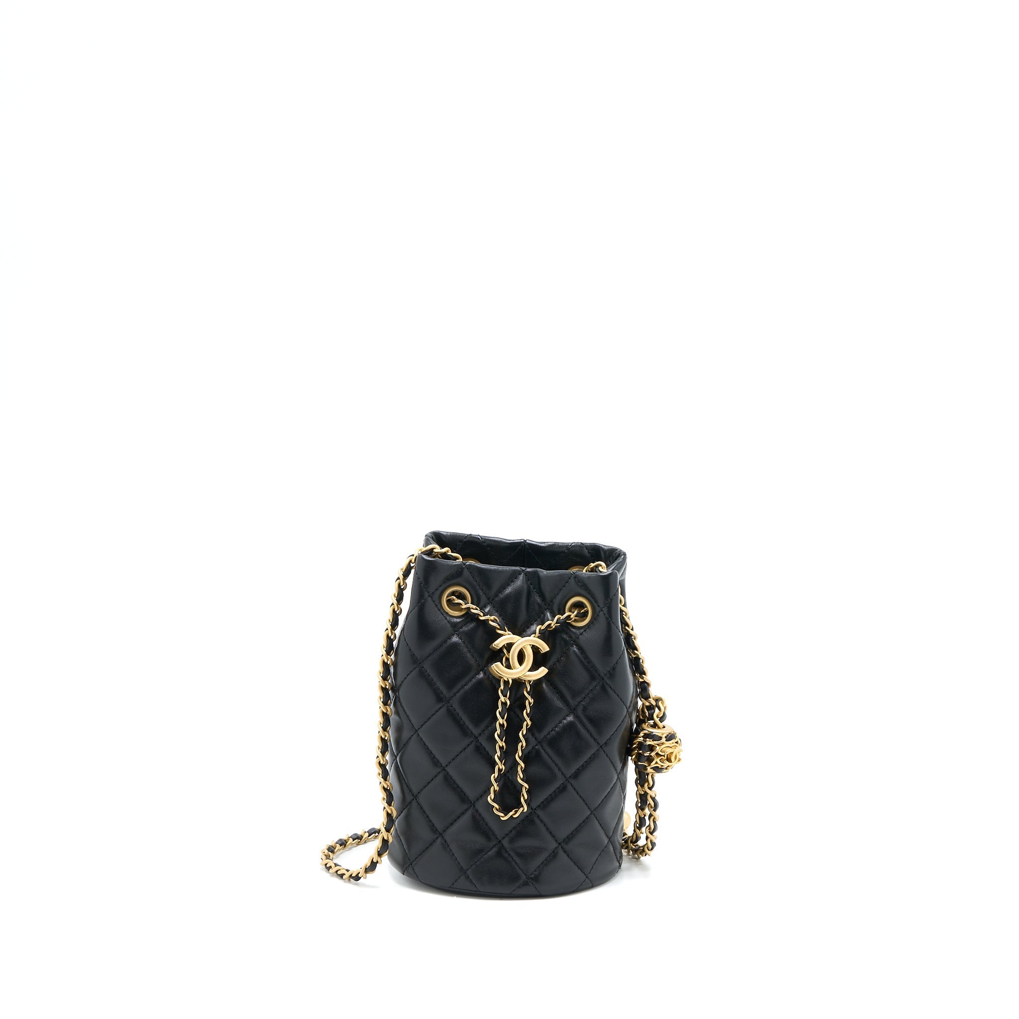 CHANEL 22S PEARL CRUSH BUCKET BAG LAMBSKIN BLACK BRUSHED GHW (MICROCHIP)