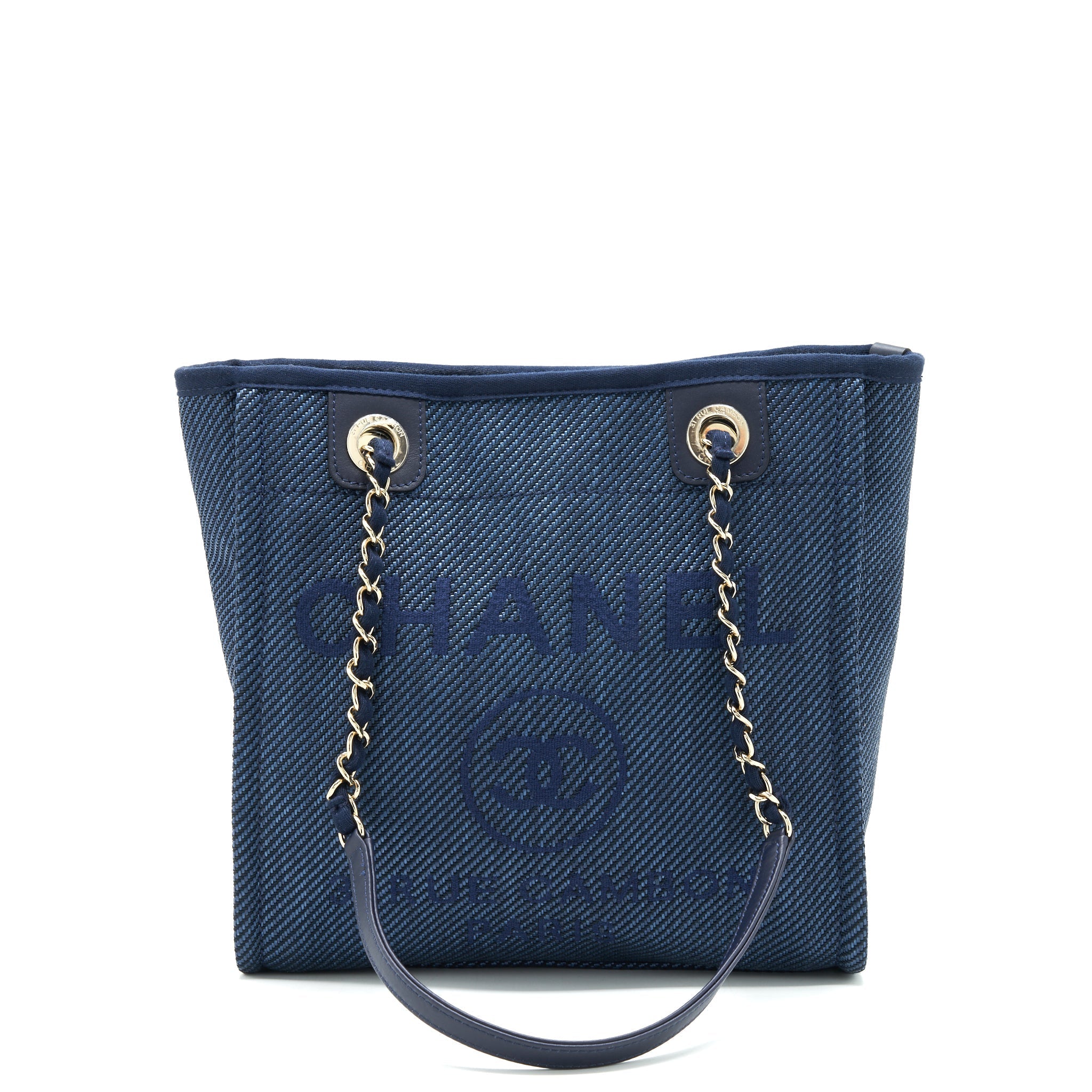 CHANEL SMALL DEAUVILLE TOTE BAG DENIM BLUE SHW