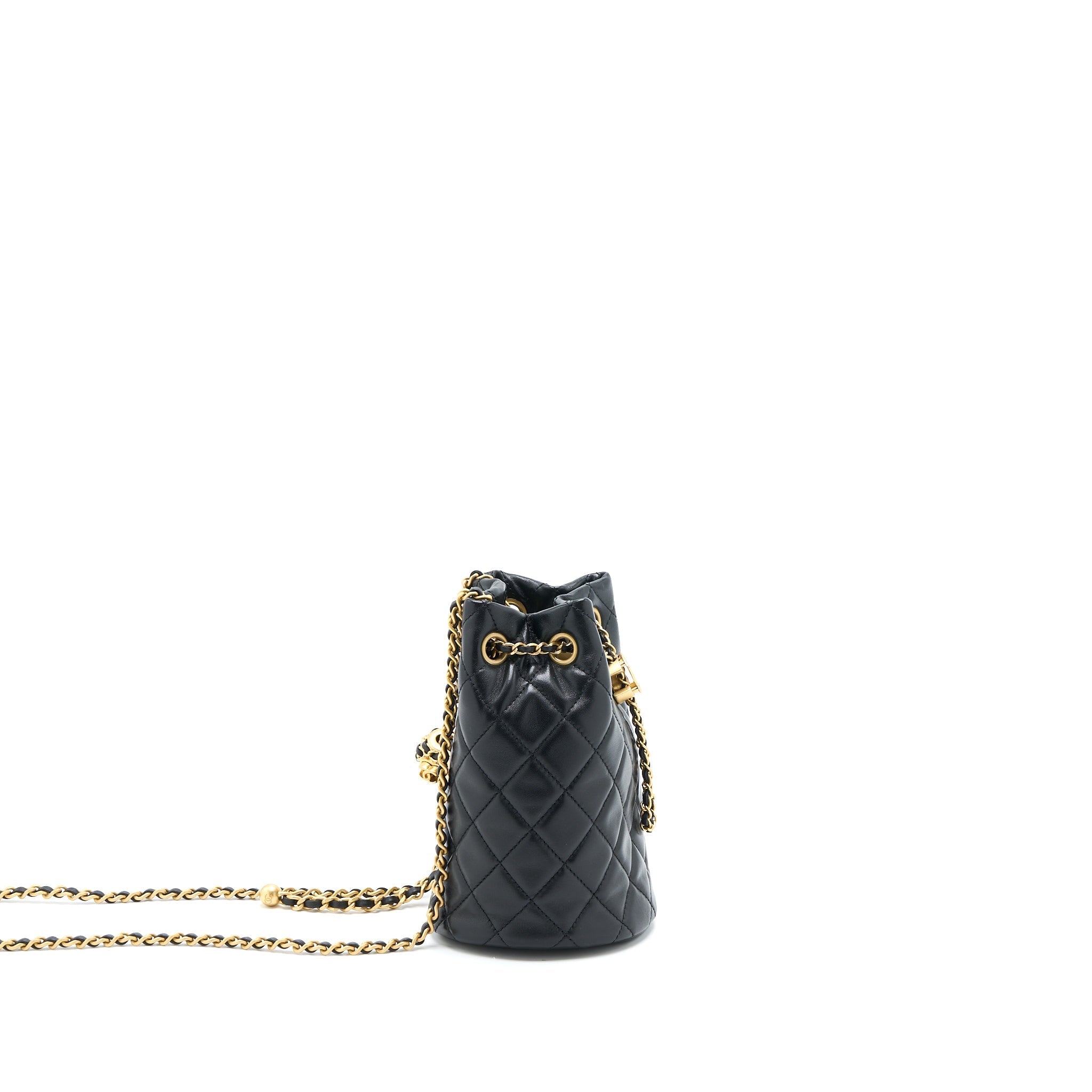 CHANEL 22S PEARL CRUSH BUCKET BAG LAMBSKIN BLACK BRUSHED GHW (MICROCHIP)