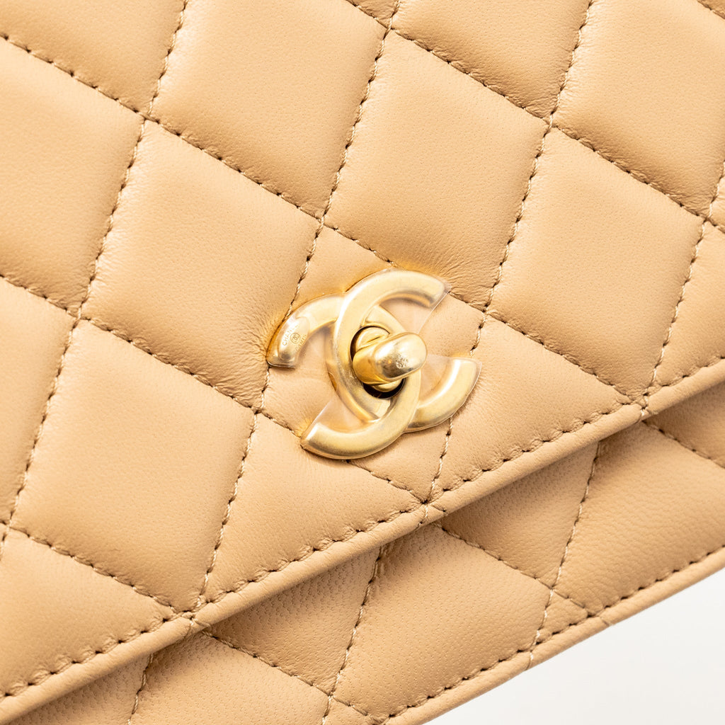 CHANEL PEARL CRUSH WALLET ON CHAIN LAMBSKIN BEIGE GHW (MICROCHIP)
