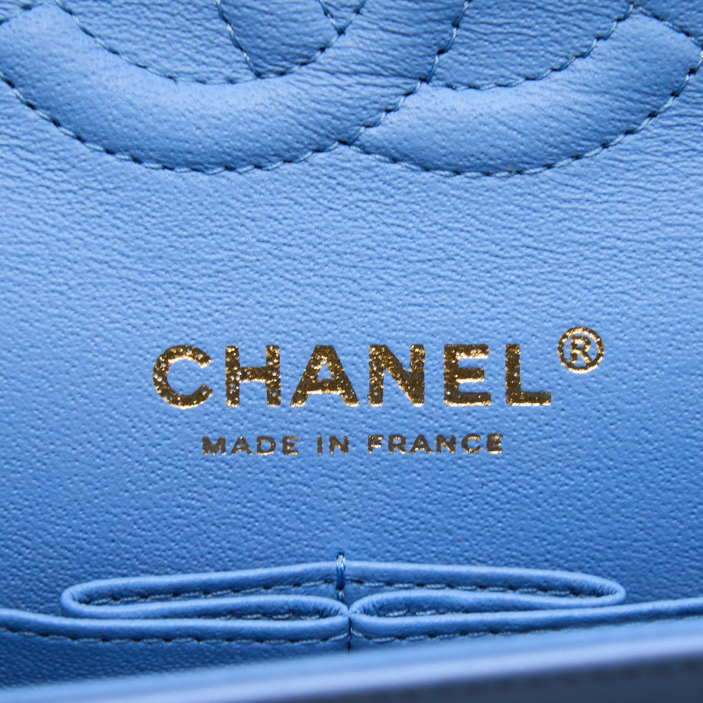 CHANEL SMALL CLASSIC DOUBLE FLAP BAG LAMBSKIN BLUE LGHW