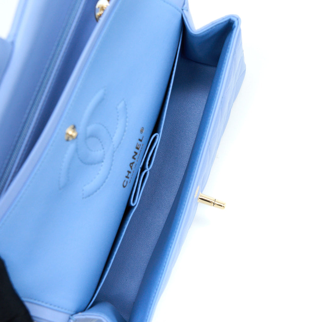 CHANEL SMALL CLASSIC DOUBLE FLAP BAG LAMBSKIN BLUE LGHW