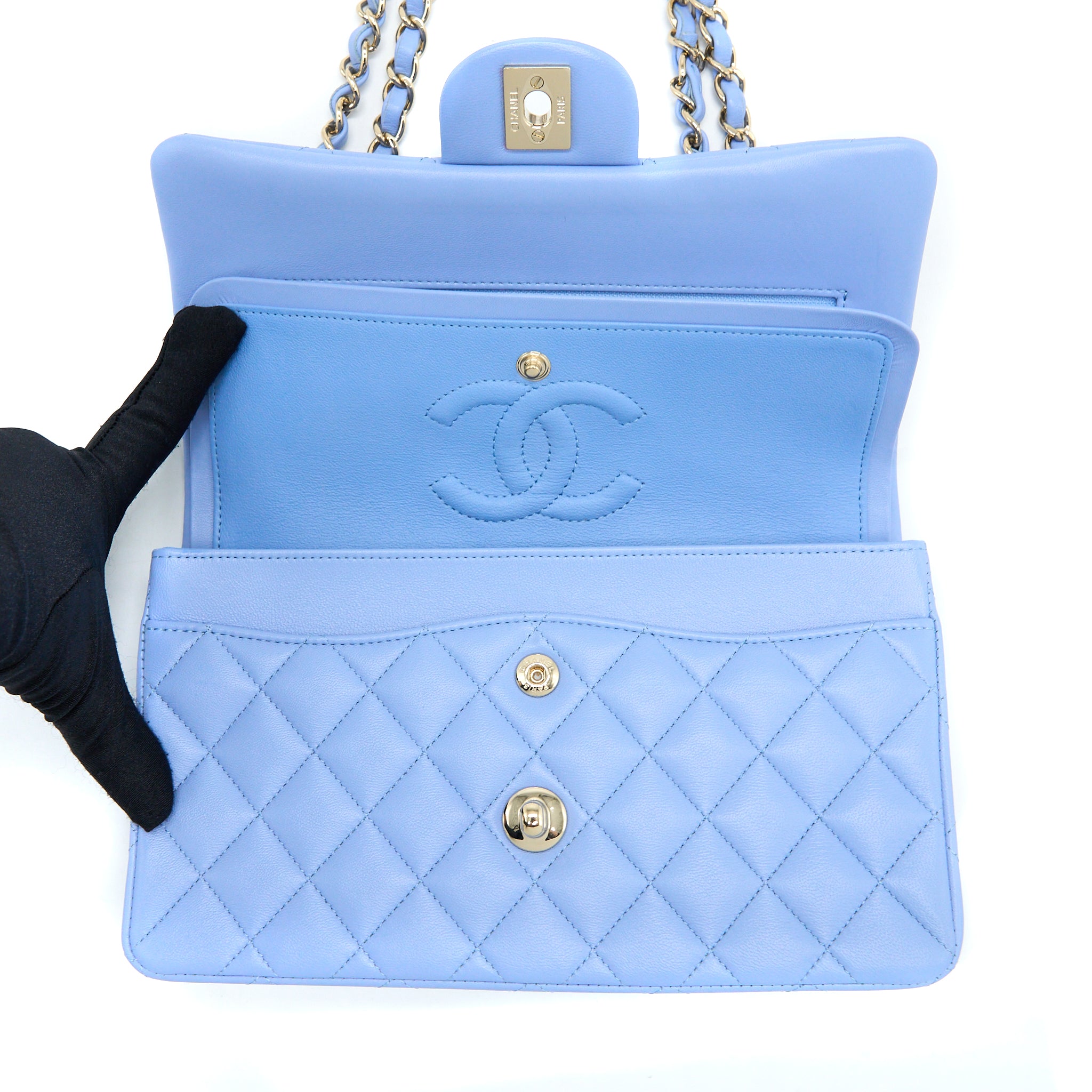 CHANEL SMALL CLASSIC DOUBLE FLAP BAG LAMBSKIN BLUE LGHW