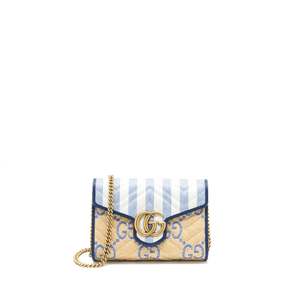 GUCCI GG MARMONT FLAP BAG MATELASSE RAFFIA BLUE/MULTICOLOUR BRUSHED GHW