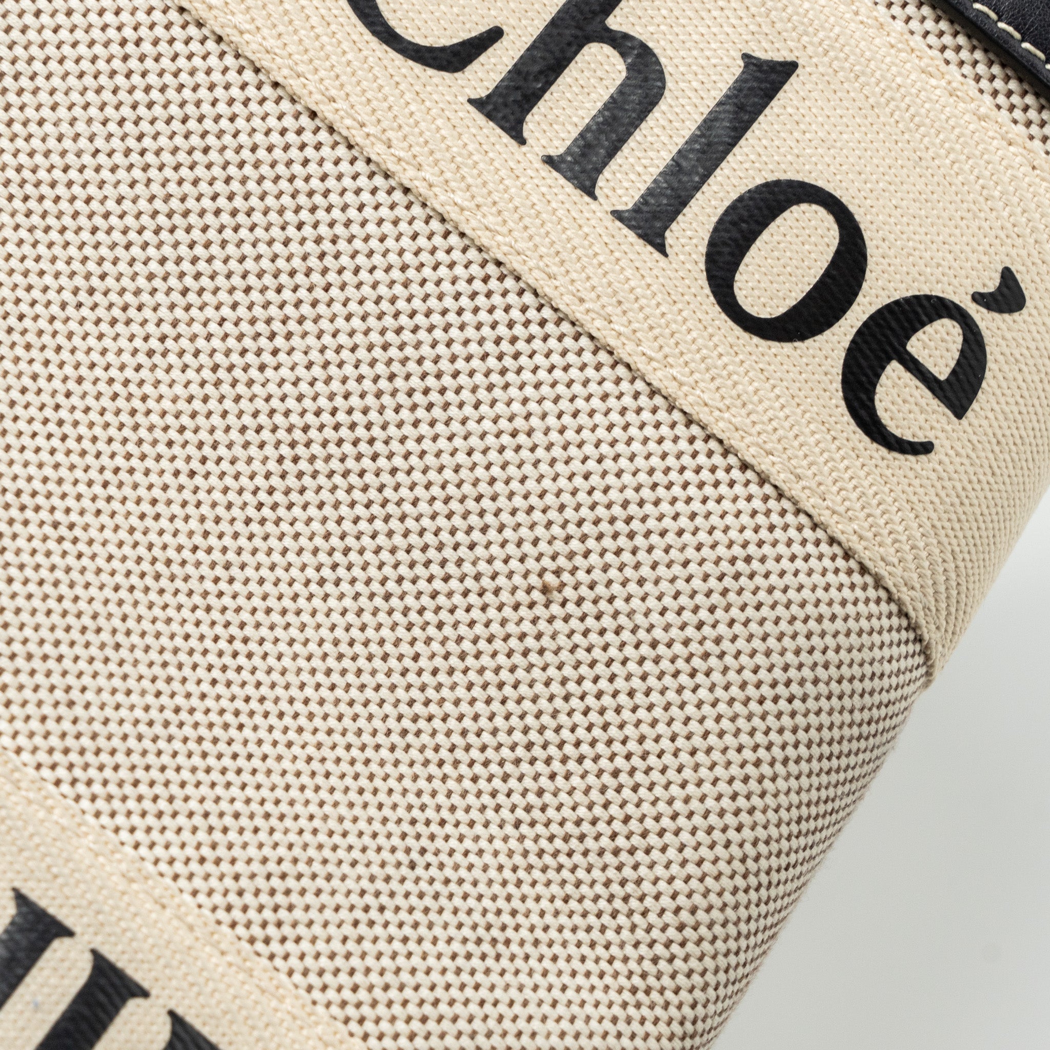 CHLOE MEDIUM WOODY TOTE BAG CANVAS/CALFSKIN WHITE/BLUE