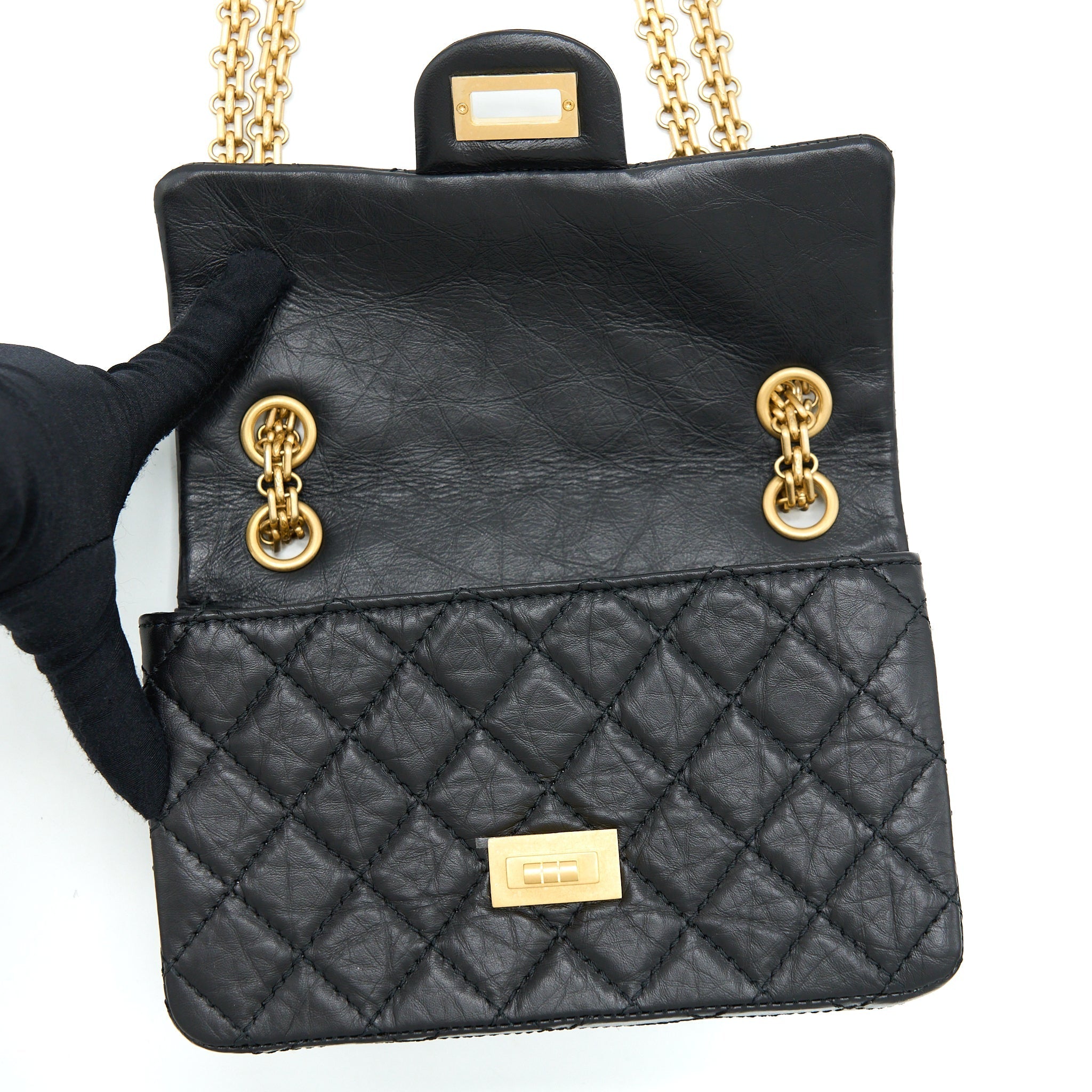 CHANEL MINI 2.55 REISSUE FLAP BAG AGED CALFSKIN BLACK BRUSHED GHW (MICROCHIP)