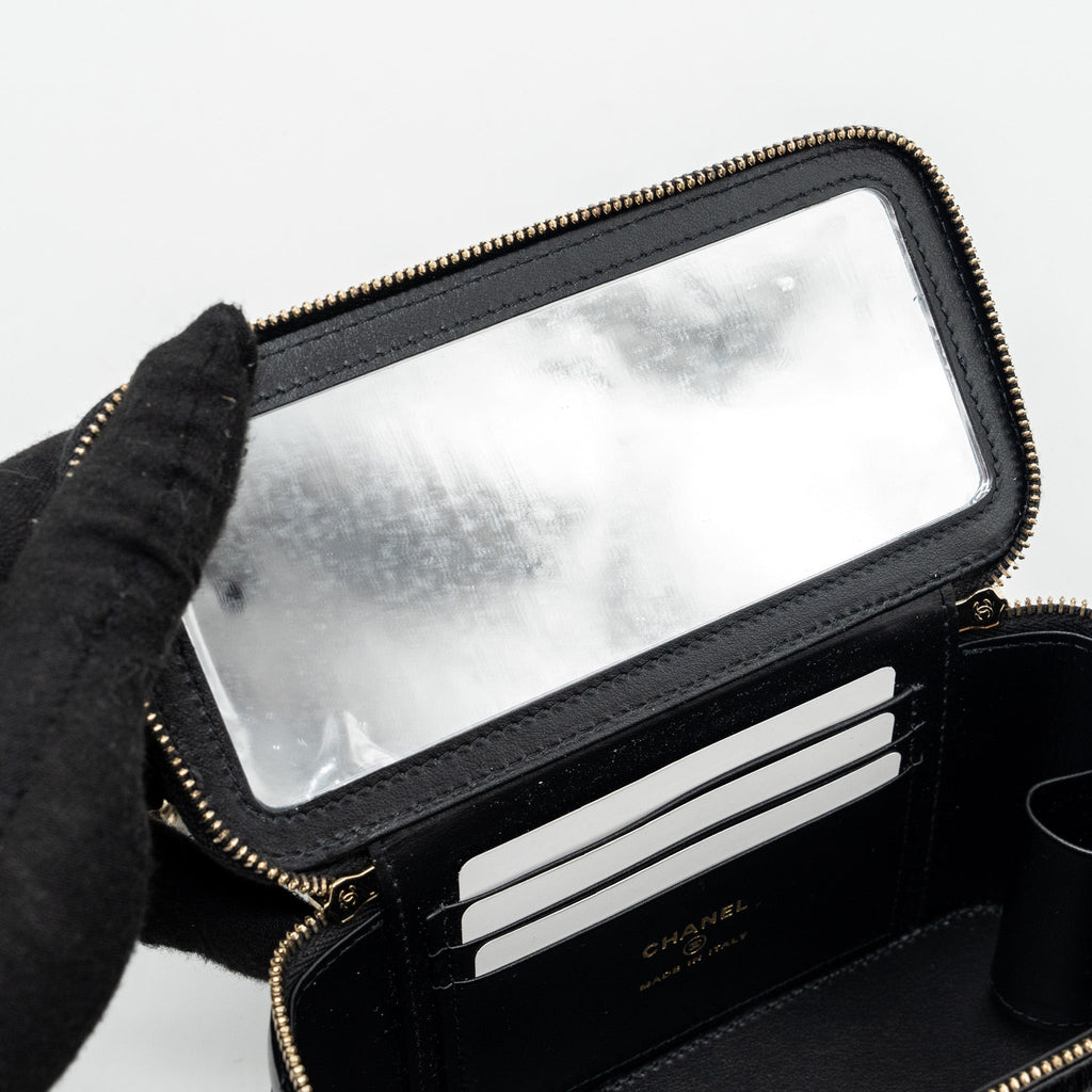 CHANEL LONG VANITY CASE WITH CHARMS CHAIN CALFSKIN BLACK LGHW (MICROCHIP)