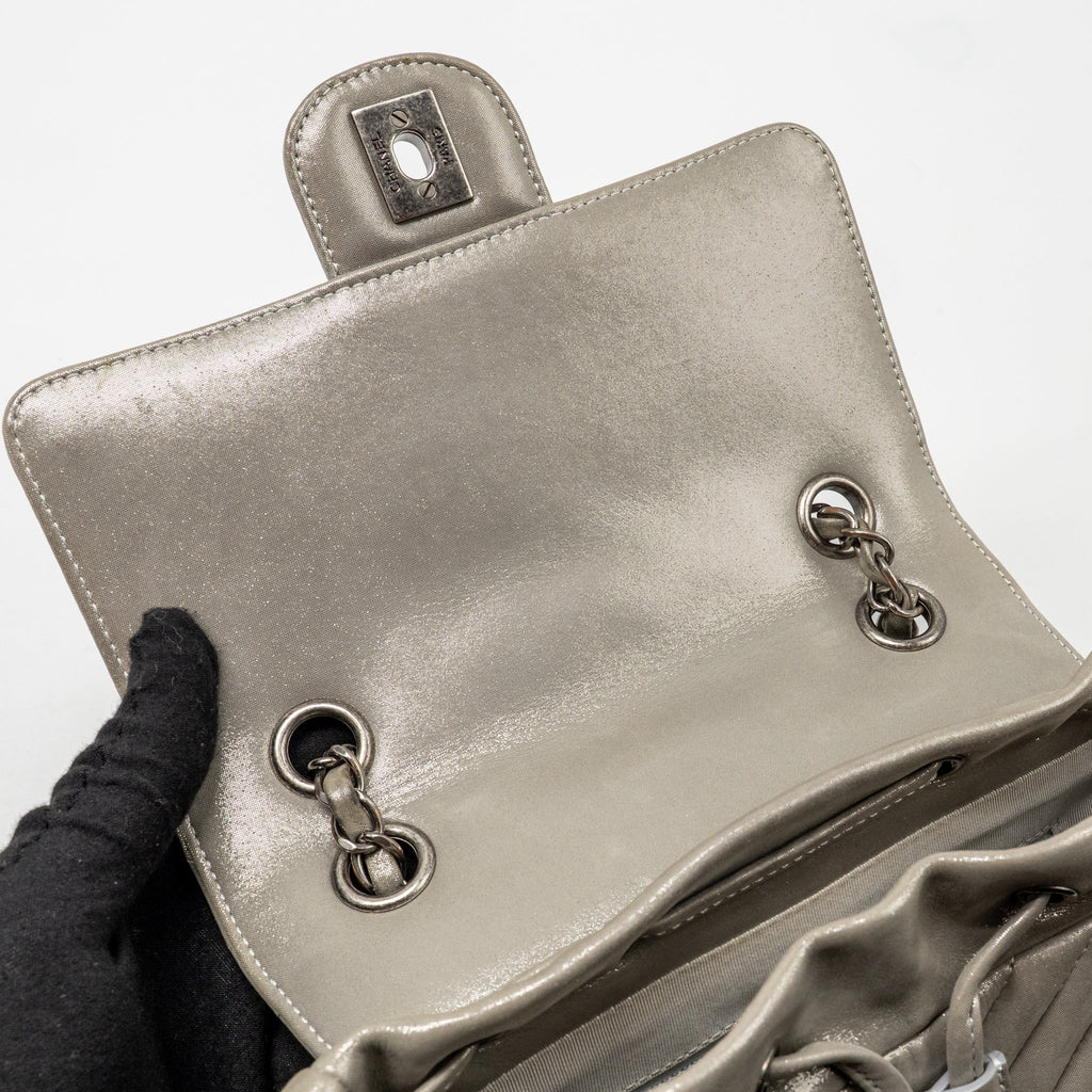 CHANEL SMALL URBAN SPIRIT BACKPACK CHEVRON CALFSKIN IRIDESCENT LIGHT GREY RUTHENIUM HARDWARE