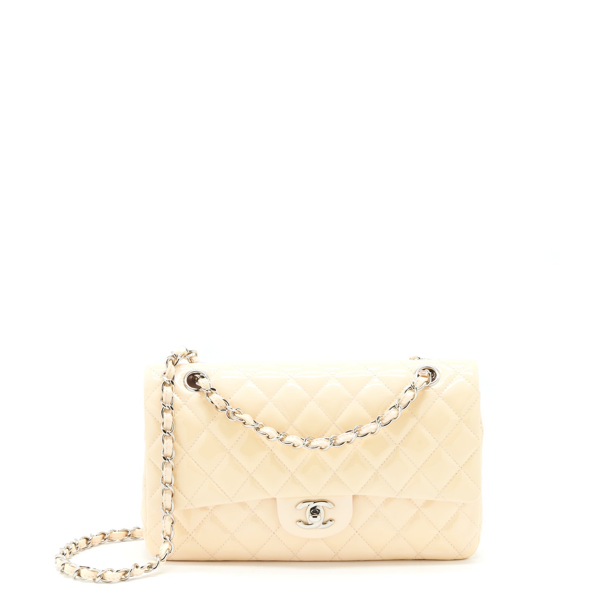 CHANEL PATENT LEATHER MEDIUM CLASSIC DOUBLE FLAP BAG BEIGE SHW