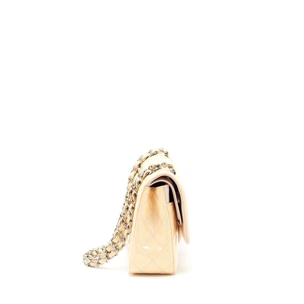 CHANEL PATENT LEATHER MEDIUM CLASSIC DOUBLE FLAP BAG BEIGE SHW