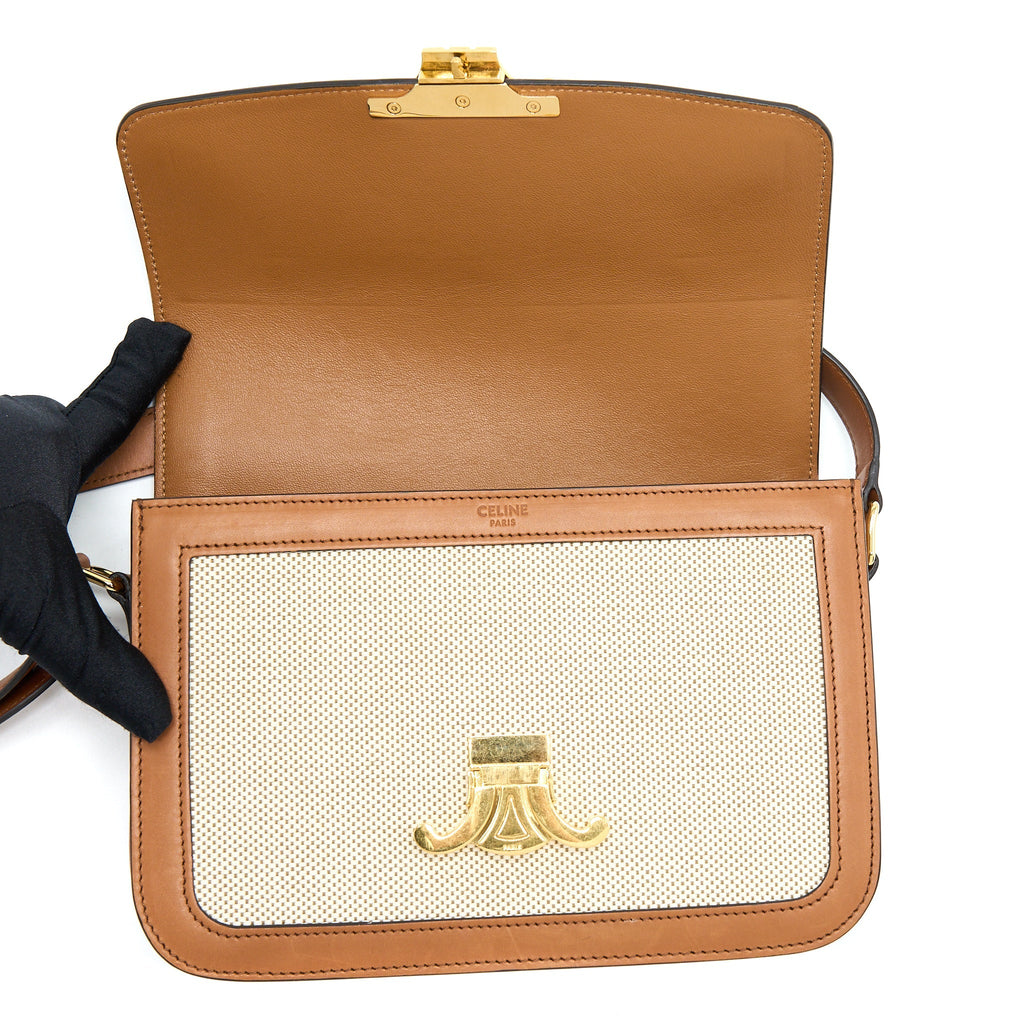 CELINE MEDIUM TRIOMPHE BAG IN TEXTILE NATURAL CALFSKIN GHW