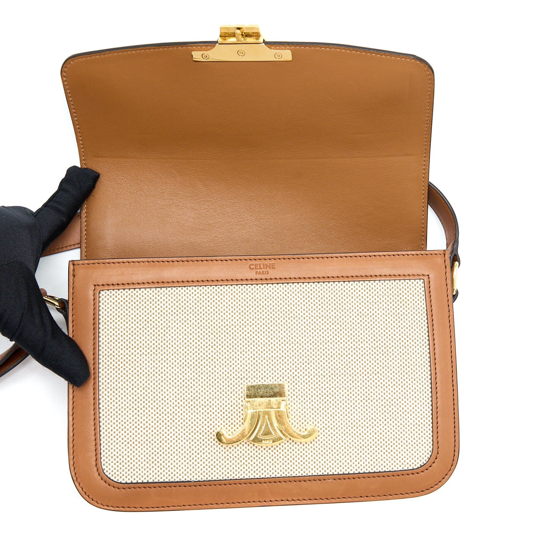 CELINE MEDIUM TRIOMPHE BAG IN TEXTILE NATURAL CALFSKIN GHW