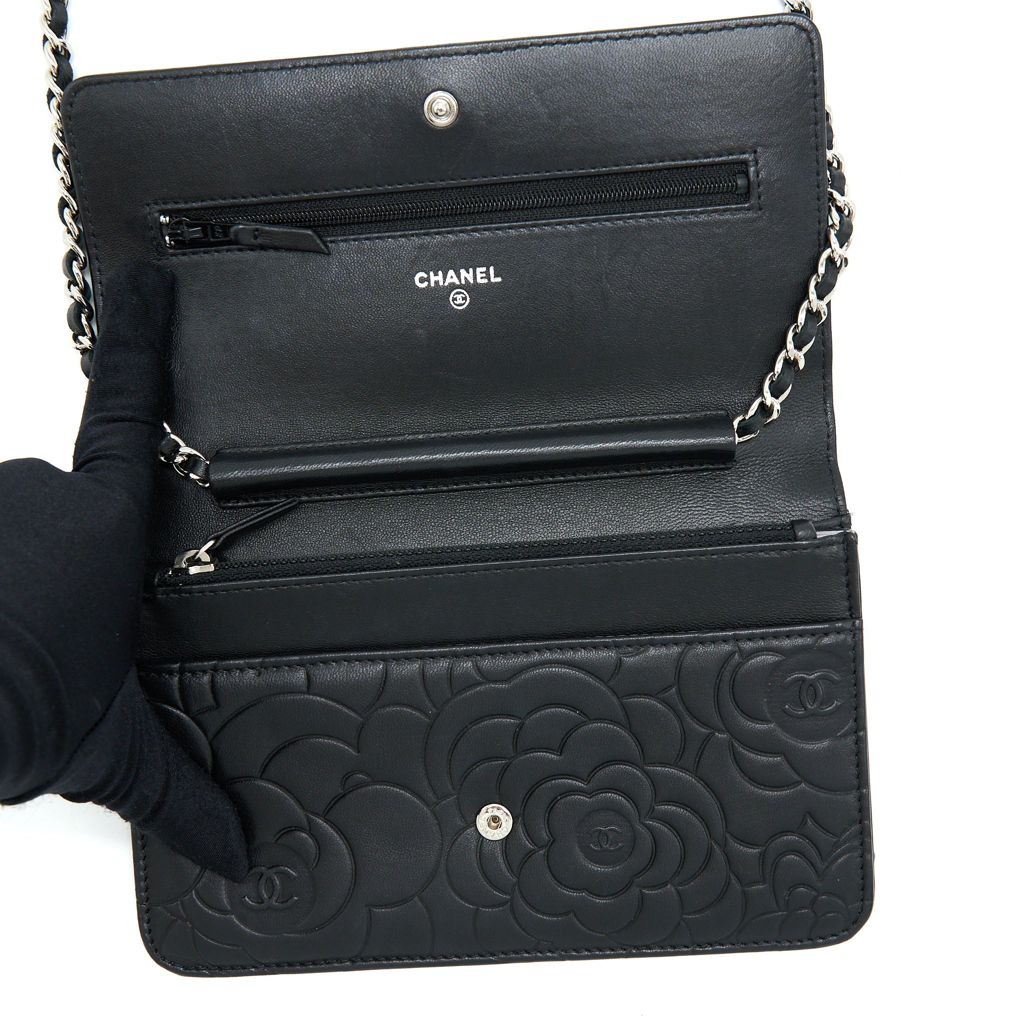 CHANEL CAMELLIA WALLET ON CHAIN LAMBSKIN BLACK SHW