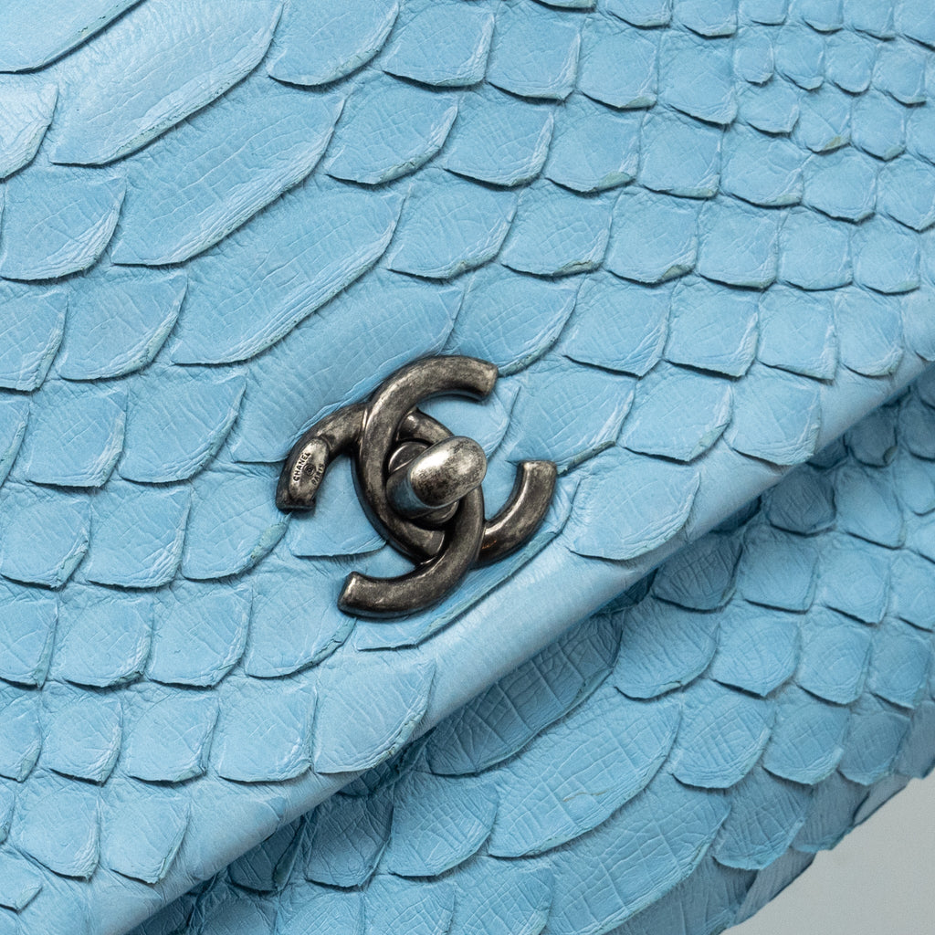 CHANEL SMALL COCO HANDLE PYTHON LIGHT BLUE RUTHENIUM HARDWARE