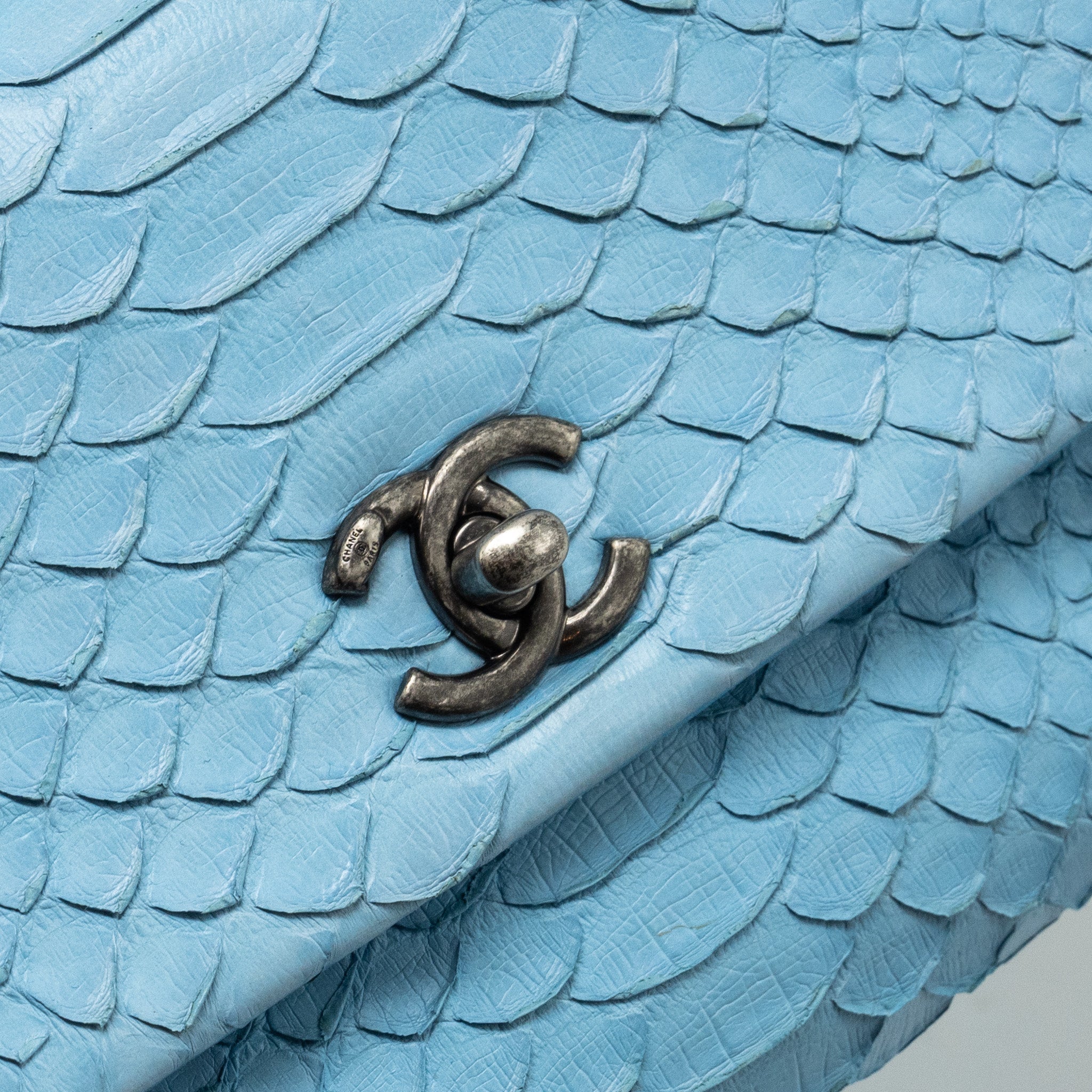 CHANEL SMALL COCO HANDLE PYTHON LIGHT BLUE RUTHENIUM HARDWARE