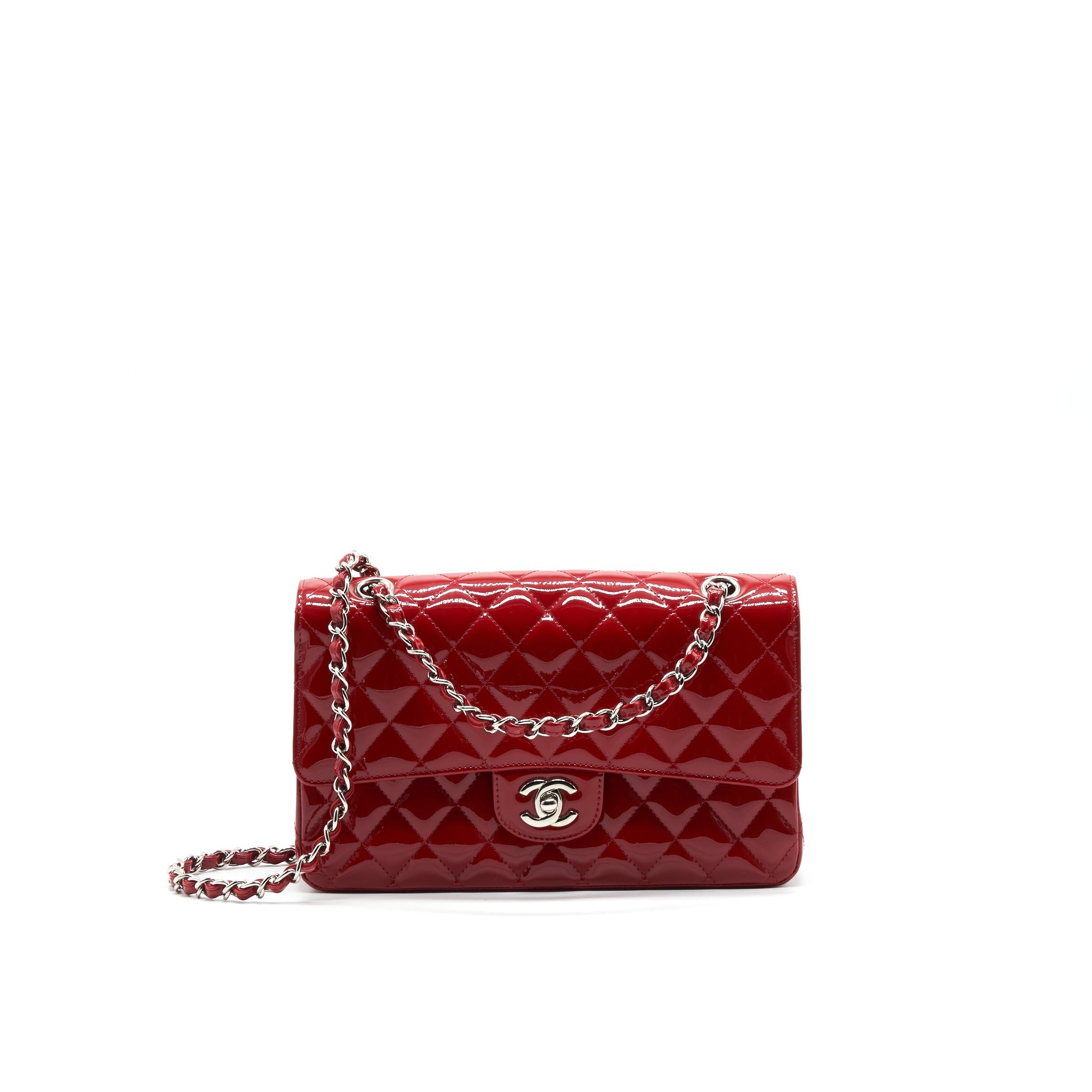 CHANEL MEDIUM CLASSIC DOUBLE FLAP BAG PATENT LEATHER RED SHW