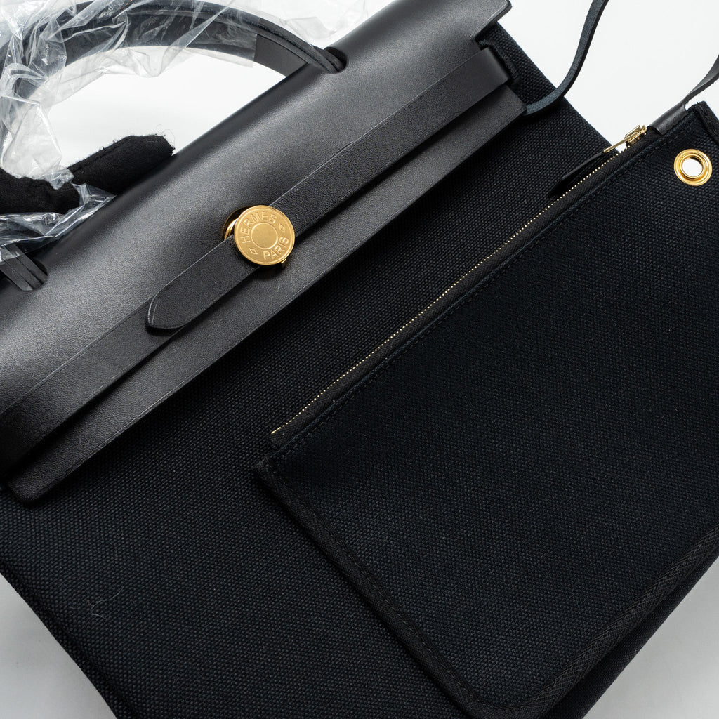 HERMES HERBAG 31 ZIP BAG CANVAS/ HUNTER LEATHER BLACK GHW