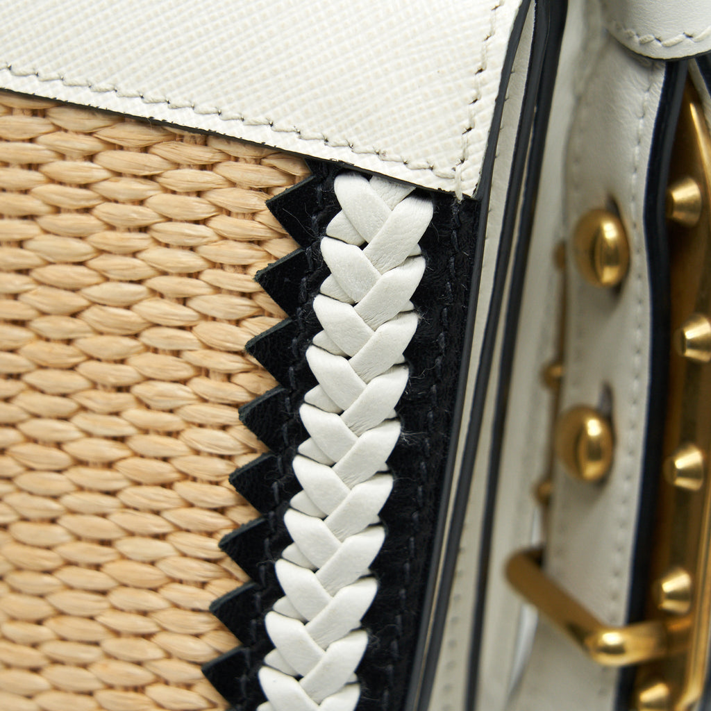PRADA CITY CALF RAFFIA SAFFIANO CAHIER BAG WHITE