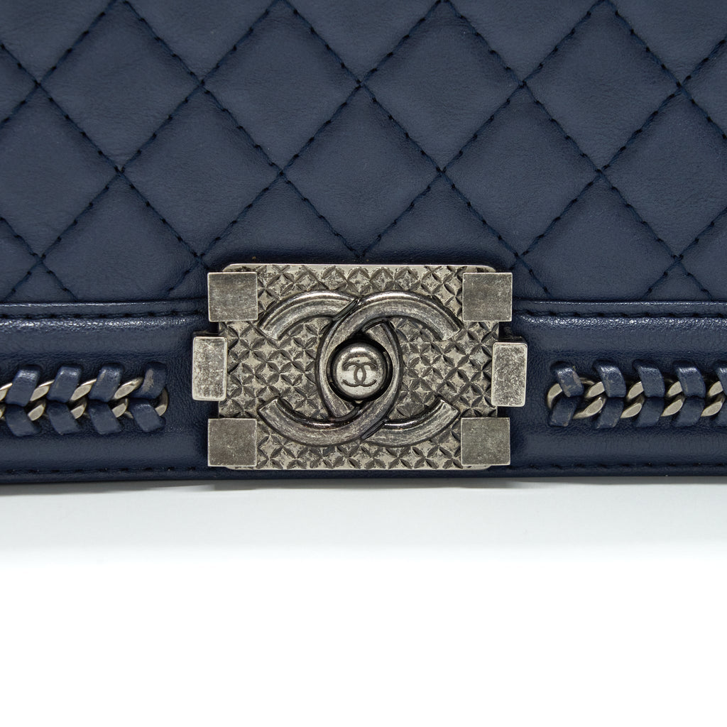 CHANEL BOY BAG WITH TOP HANDLE NAVY RUTHENIUM SLIVER HARDWARE