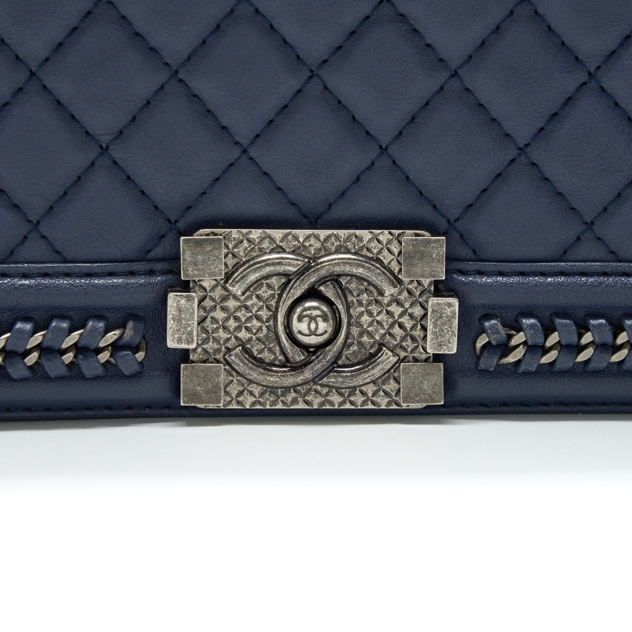CHANEL BOY BAG WITH TOP HANDLE NAVY RUTHENIUM SLIVER HARDWARE