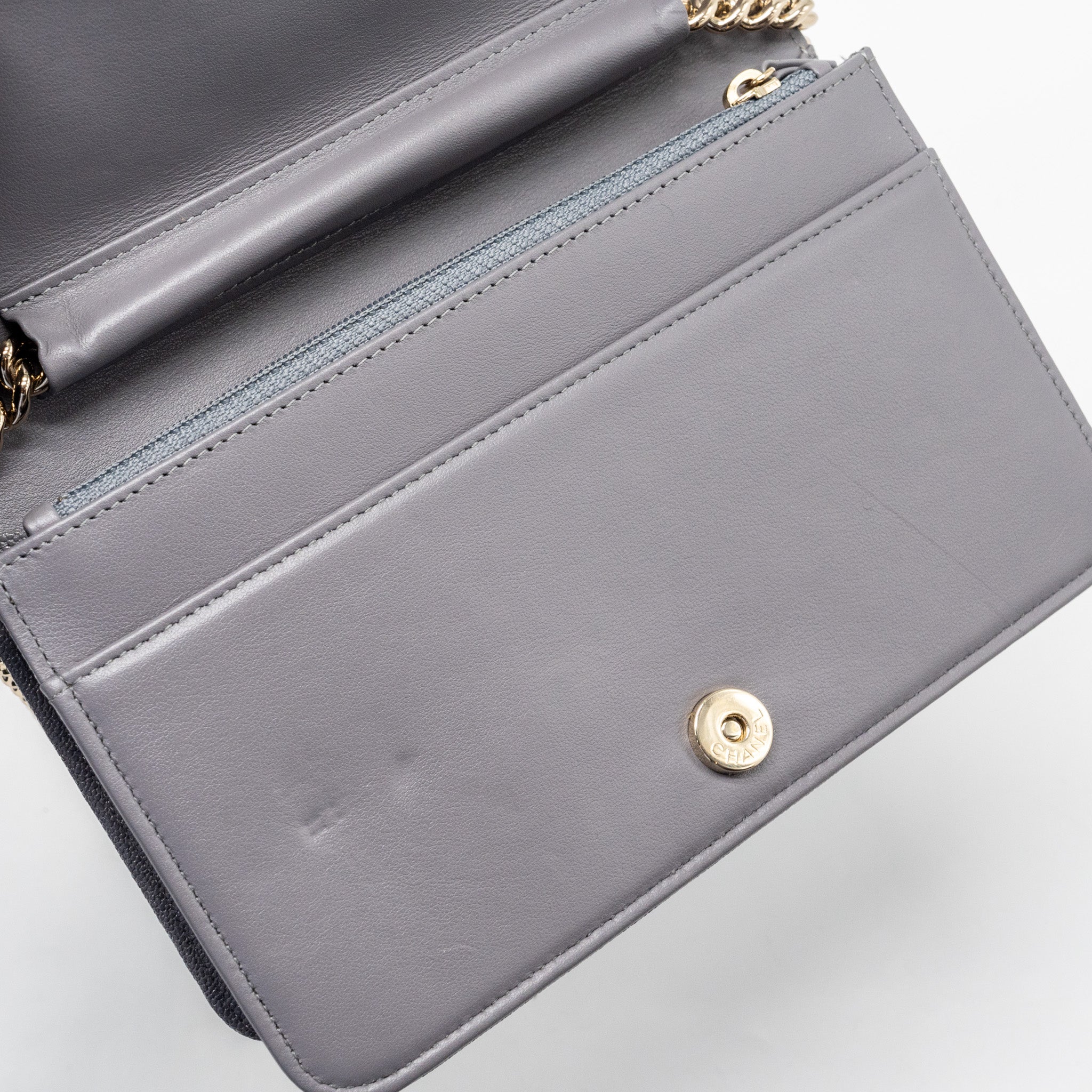 CHANEL BOY WALLET ON CHAIN CAVIAR GREY LGHW
