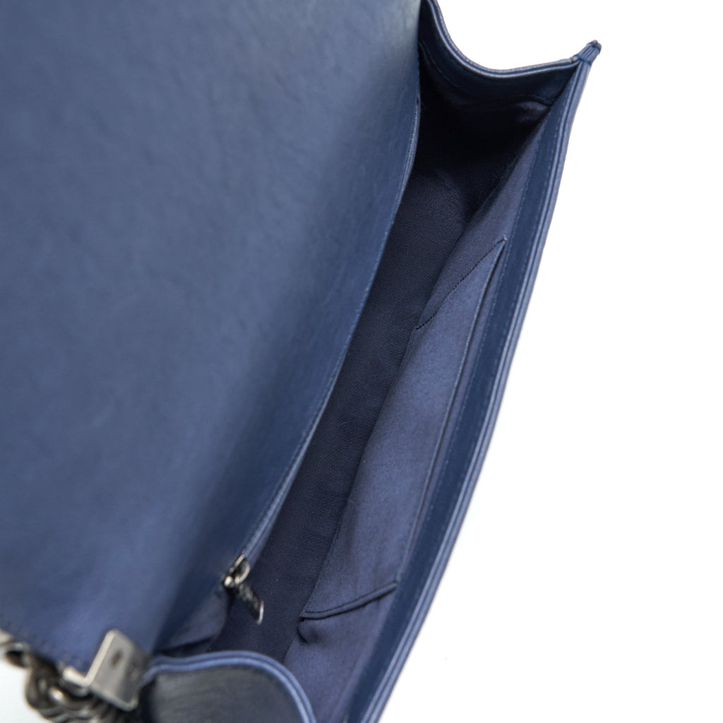 CHANEL BOY BAG WITH TOP HANDLE NAVY RUTHENIUM SLIVER HARDWARE