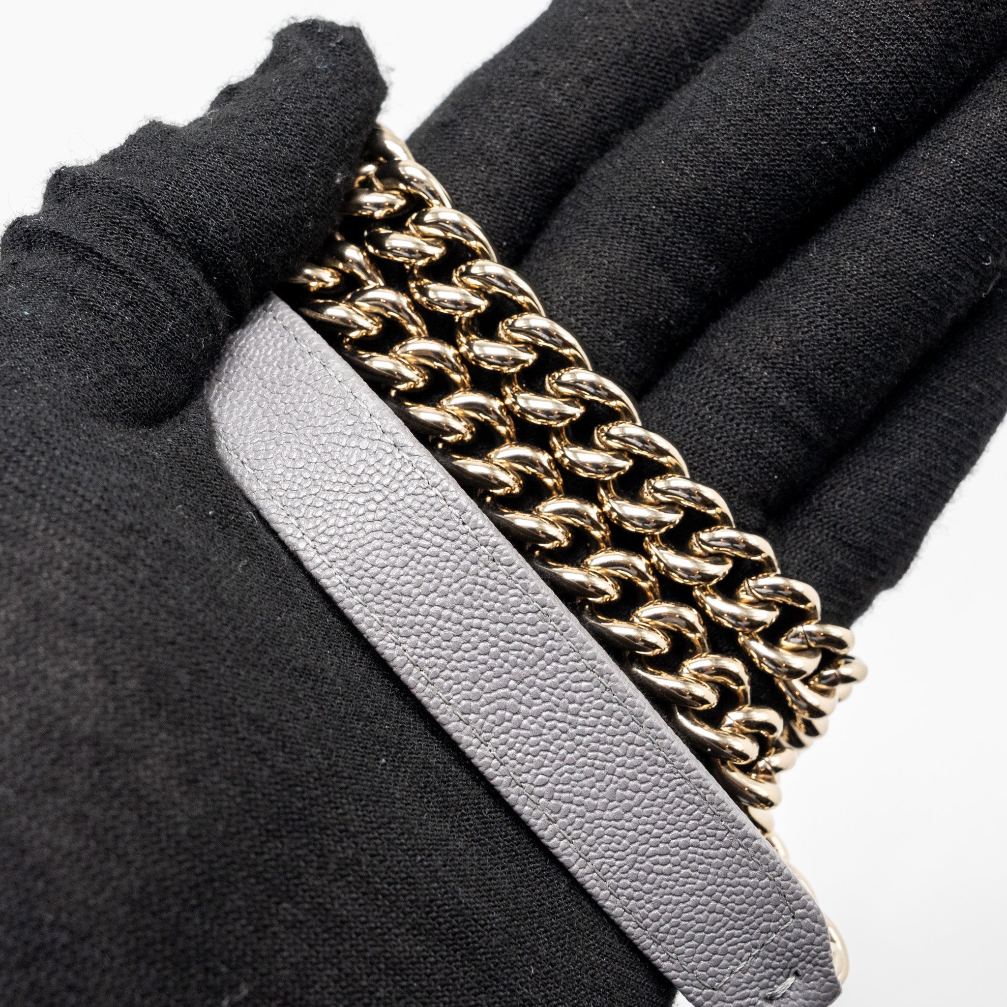 CHANEL BOY WALLET ON CHAIN CAVIAR GREY LGHW
