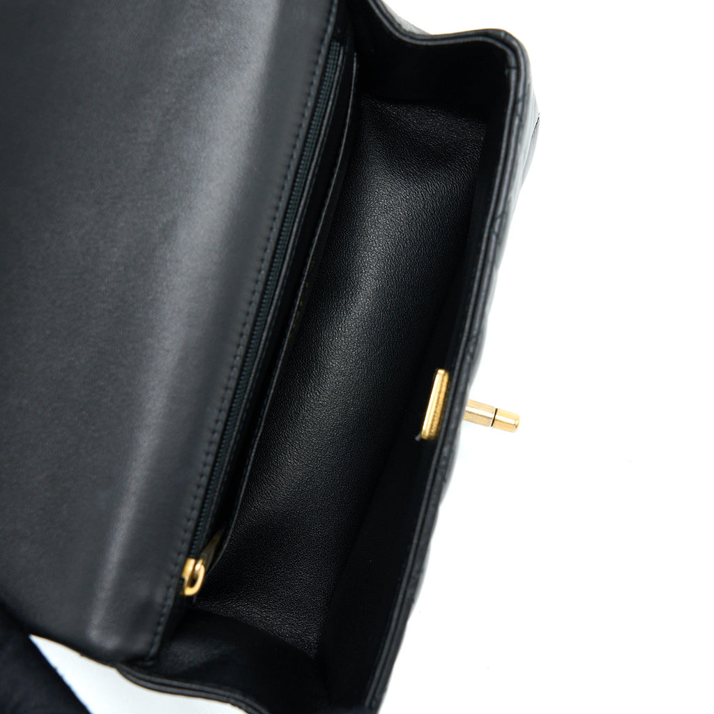 CHANEL 21K TOP HANDLE MINI RECTANGULAR FLAP BAG LAMBSKIN BLACK BRUSHED GHW(MICROCHIP)