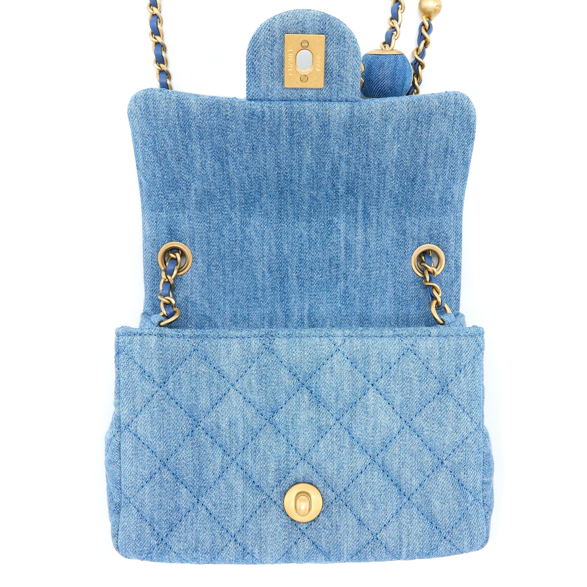 CHANEL PEARL CRUSH MINI SQUARE FLAP BAG DENIM GHW (MICROCHIP)
