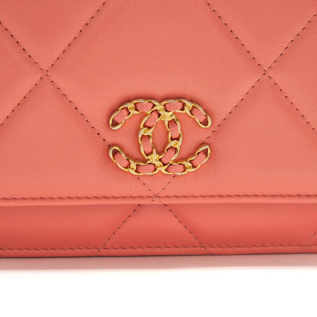 CHANEL 19 WALLET ON CHAIN GOATSKIN PINK WITH GOLD AND SILVER HARDWARE