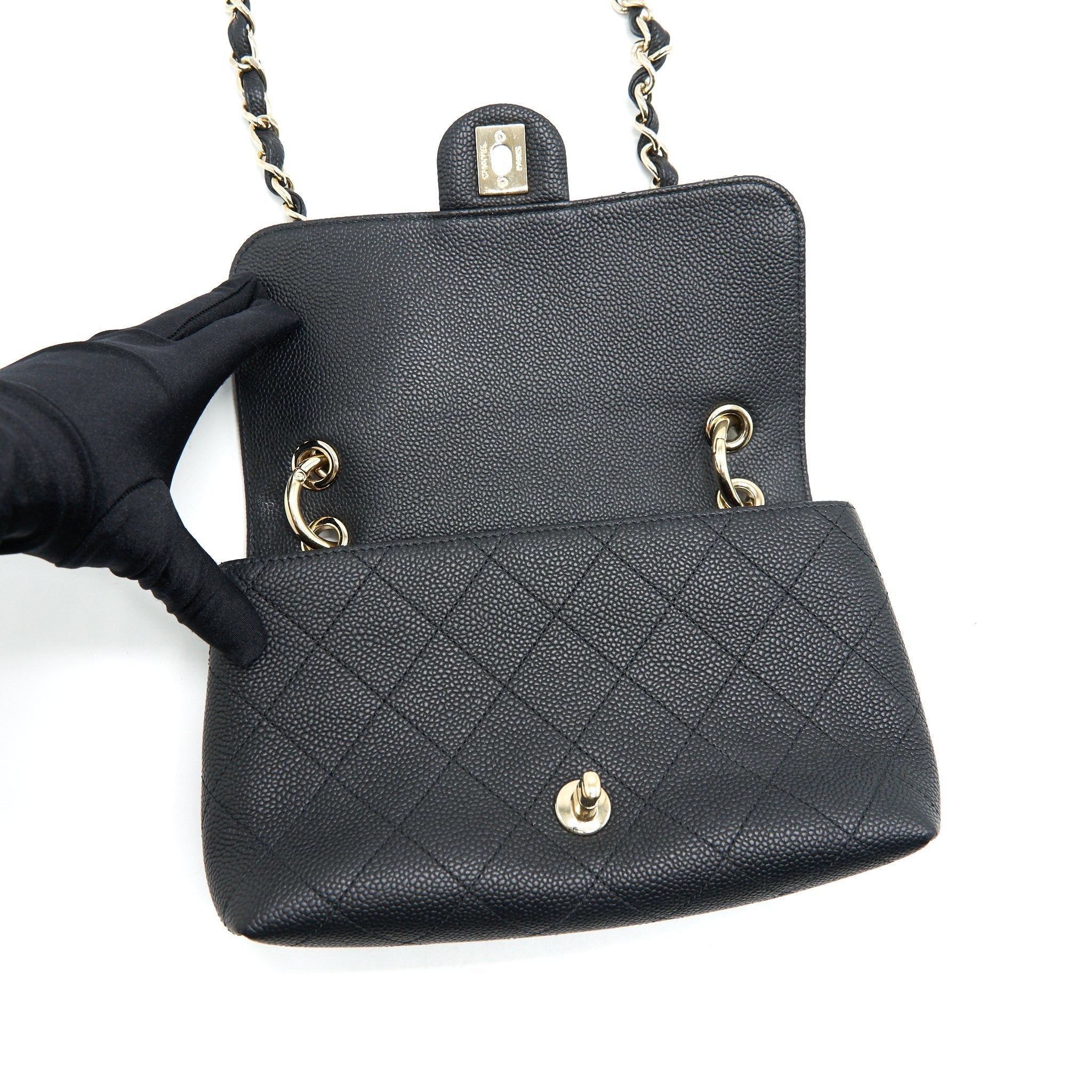 CHANEL CAVIAR QUILTED FLAP BAG WITH HANDLE AND CHAIN BLACK LGHW