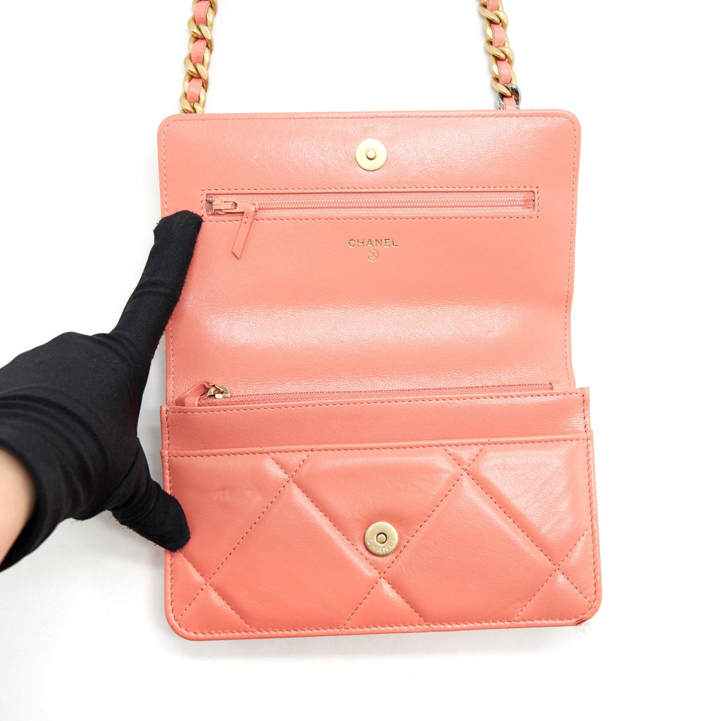CHANEL 19 WALLET ON CHAIN GOATSKIN PINK WITH GOLD AND SILVER HARDWARE