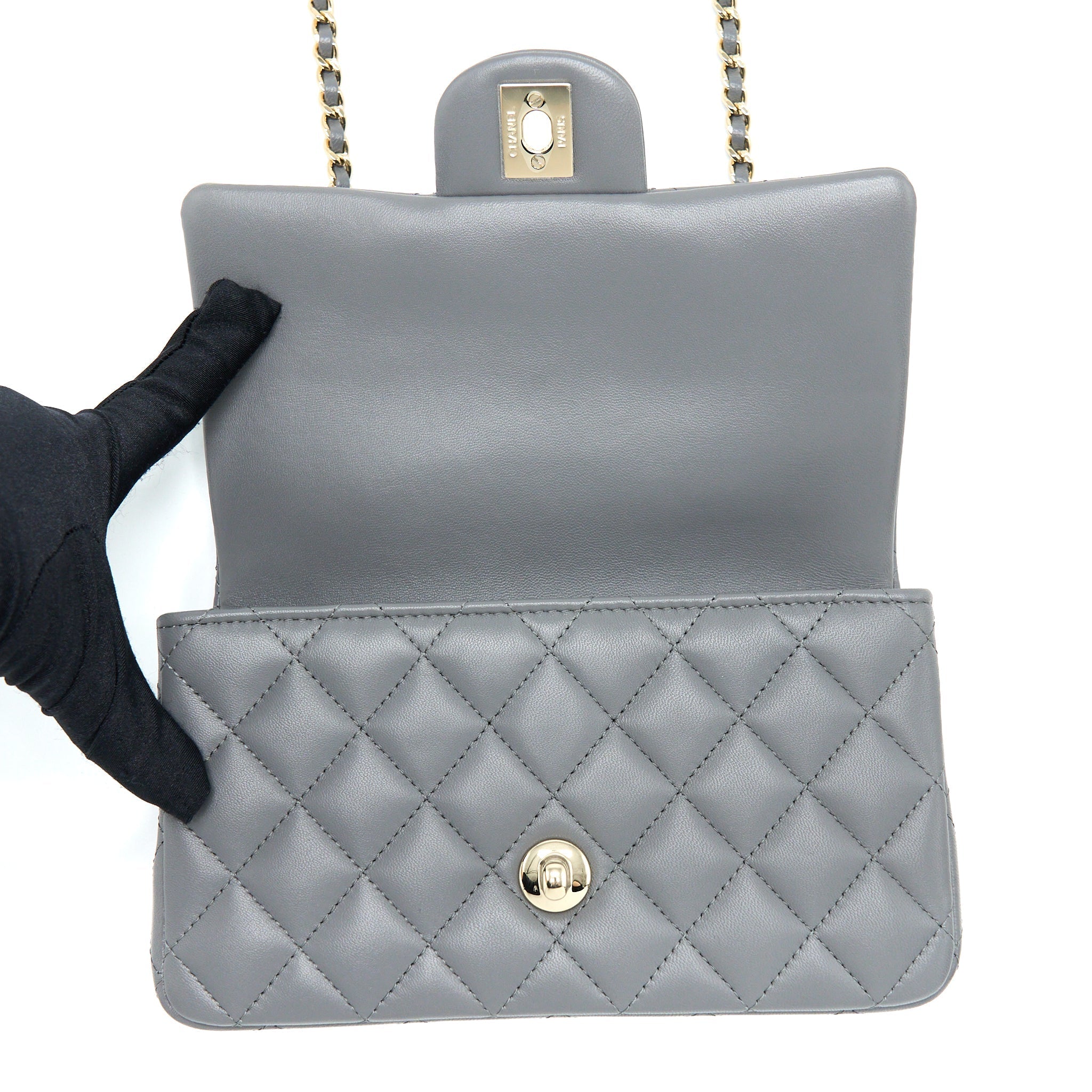 CHANEL 22A TOP HANDLE MINI RECTANGULAR FLAP BAG LAMBSKIN GREY LGHW(MICROCHIP)