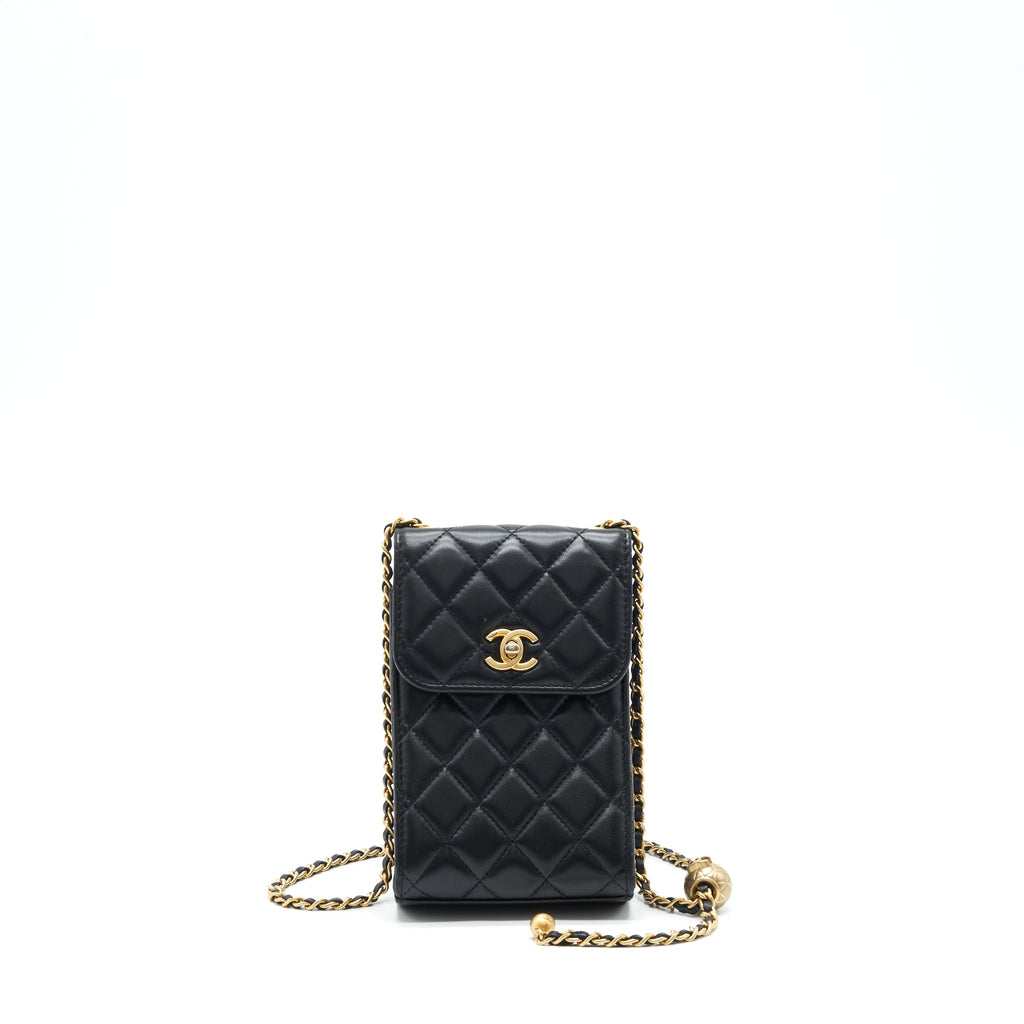 CHANEL PEARL CRUSH PHONE CASE WITH CHAIN LAMBSKIN BLACK GHW
