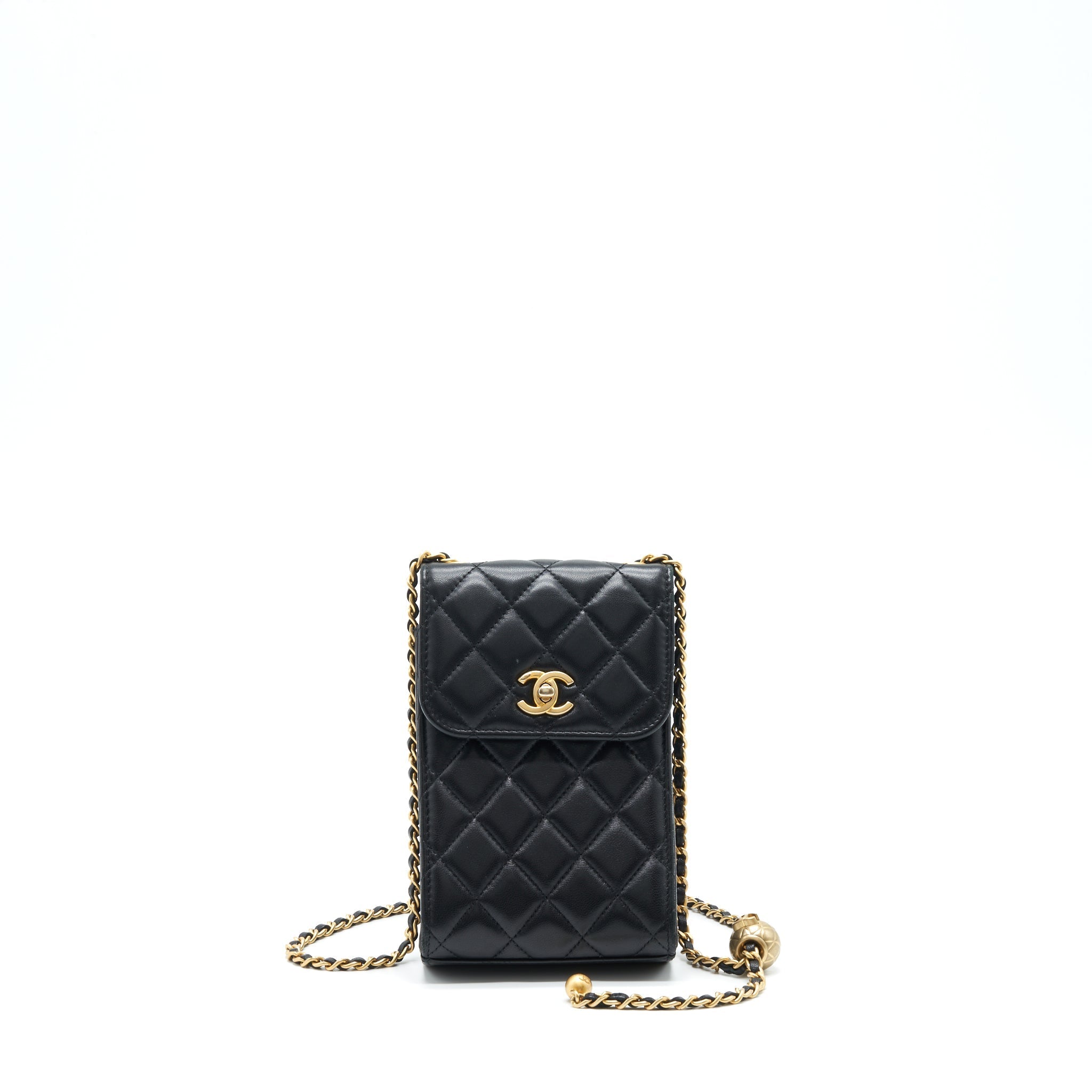 CHANEL PEARL CRUSH PHONE CASE WITH CHAIN LAMBSKIN BLACK GHW