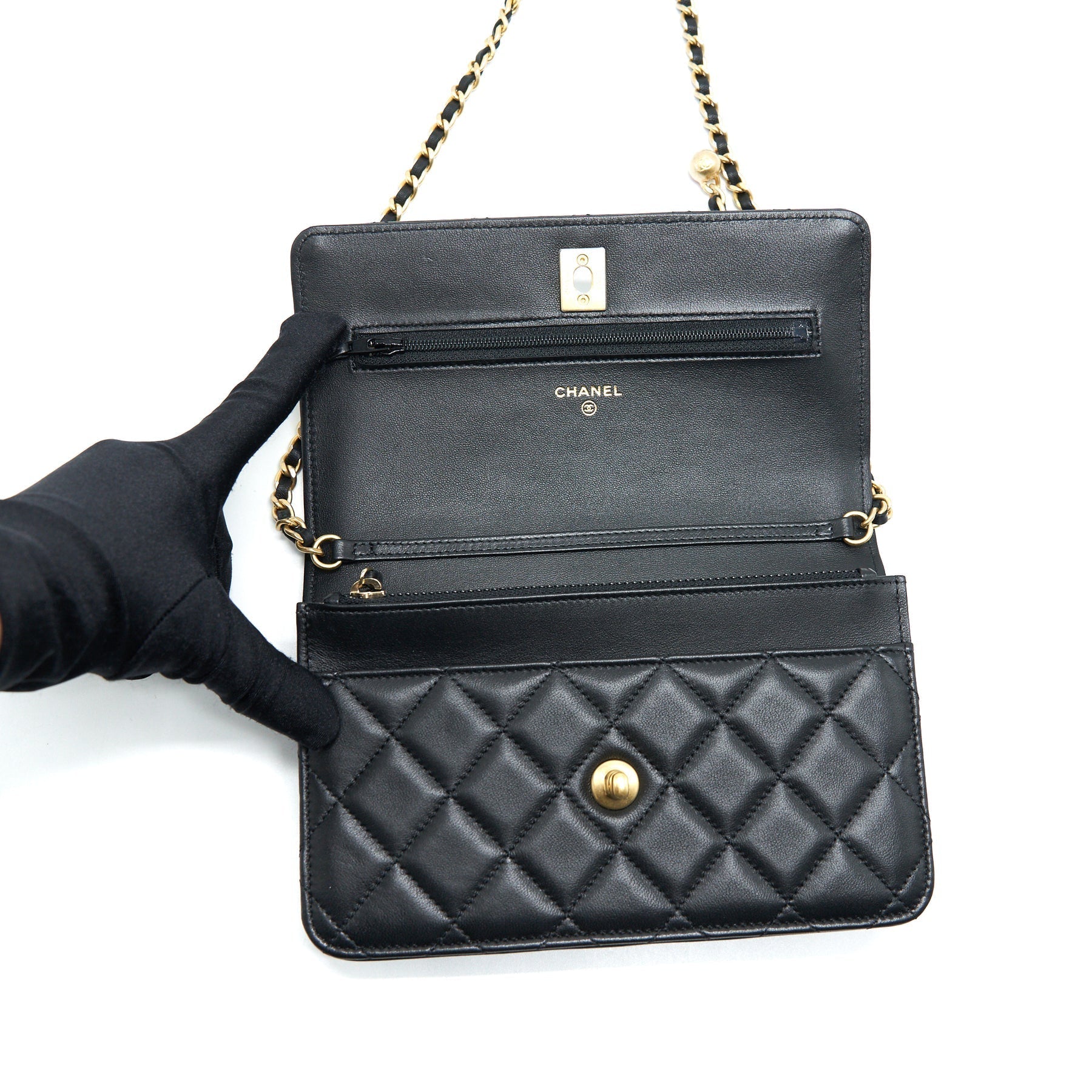 CHANEL PEARL CRUSH WALLET ON CHAIN LAMBSKIN BLACK GHW