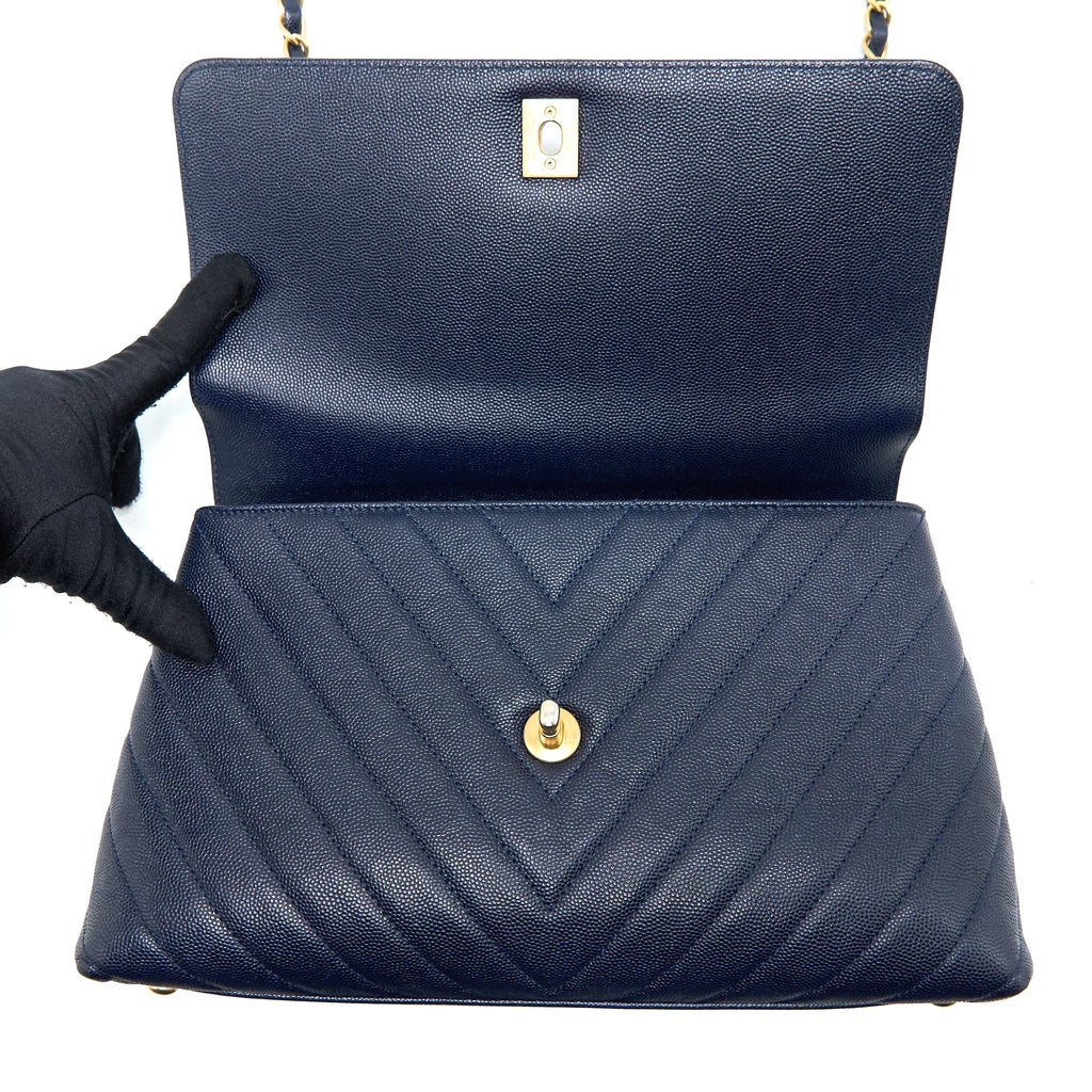 CHANEL MEDIUM CHEVRON COCO HANDLE BAG CAVIAR WITH LIZARD HANDLE NAVY BRUSHED GHW
