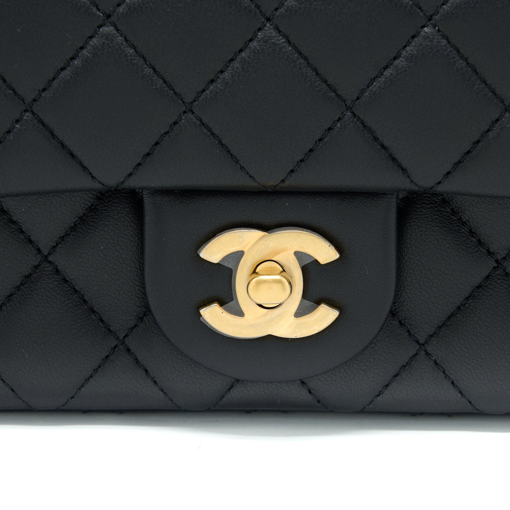 CHANEL 23S CAMELLIA CHAIN MINI RECTANGULAR LAMBSKIN BLACK BRUSHED GHW (MICROCHIP)