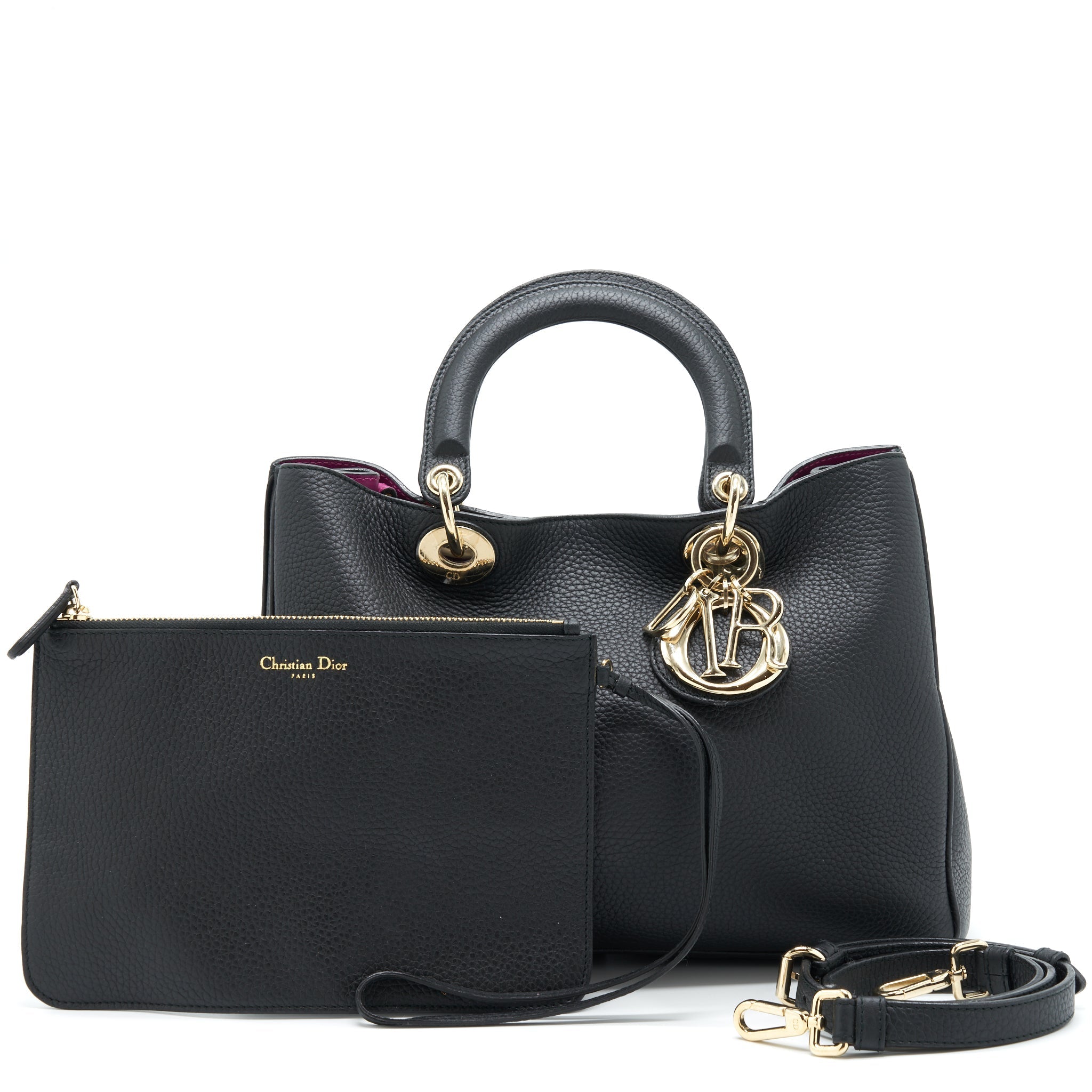 DIOR DIORISSIMO GRAINED LEATHER BLACK/ FUSHIA GHW